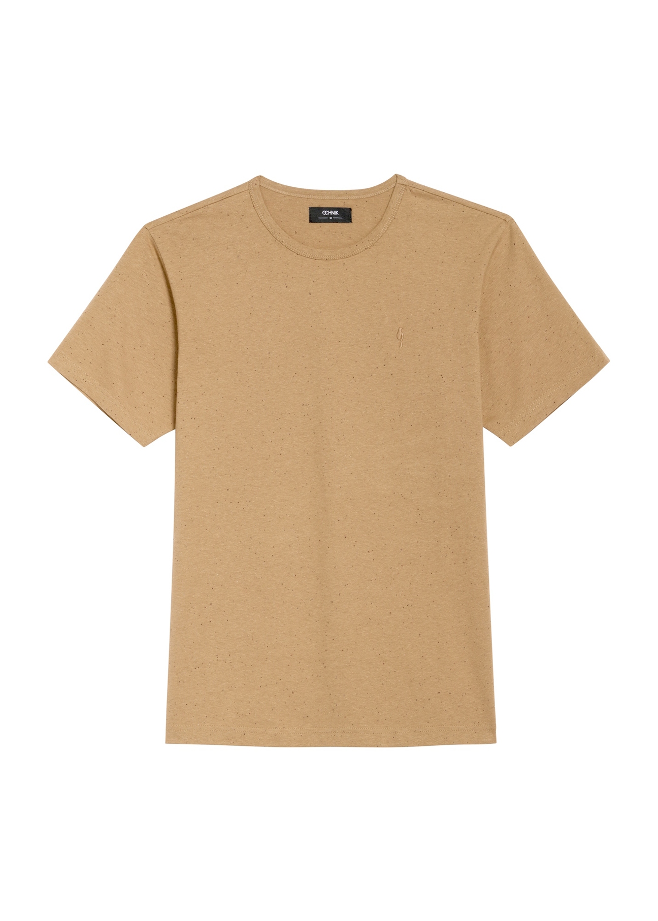 T-shirt męski w kolorze camelowym TSHMT-0130-24(Z25), widok produktu z przodu na białym tle.