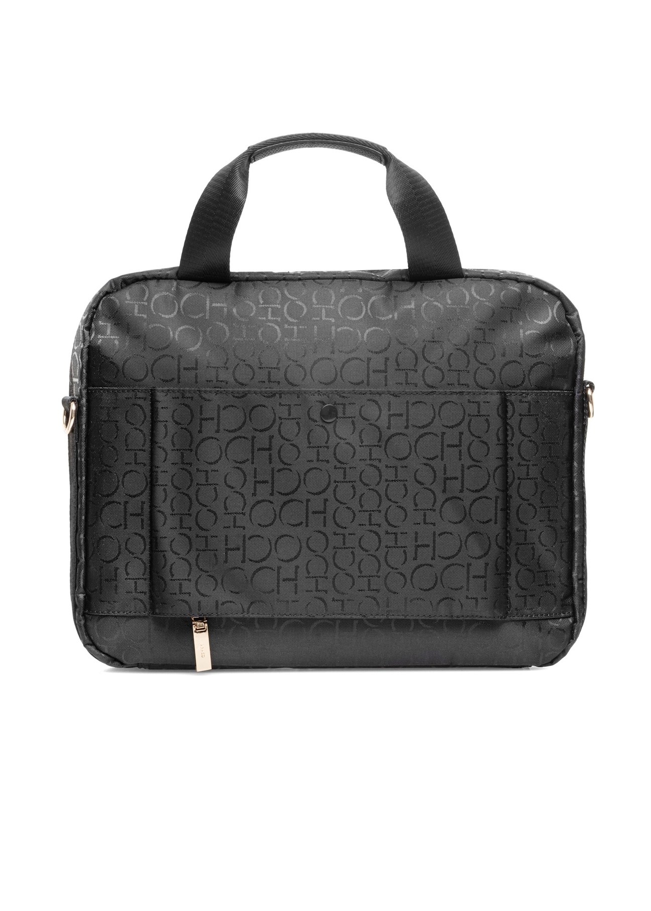 Czarna torba damska z monogramem TOREN-0299-99(W25), widok produktu z tyłu na białym tle.