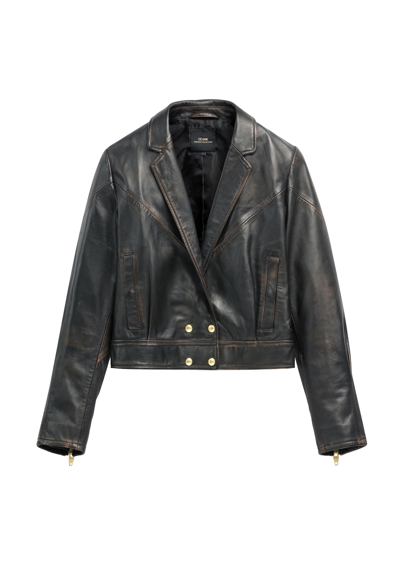 Krótka skórzana kurtka damska vintage KURDS-0573-9J(W26), widok produktu z przodu na białym tle.