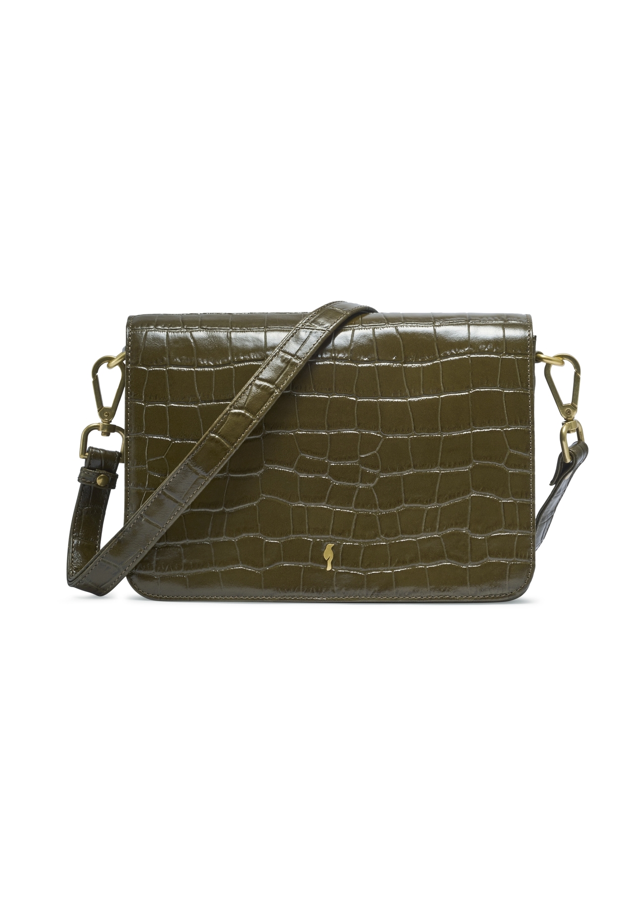 Skórzana torebka damska croco w kolorze khaki TORES-1324-8D(Z26) - widok produktu z przodu, na białym tle. 