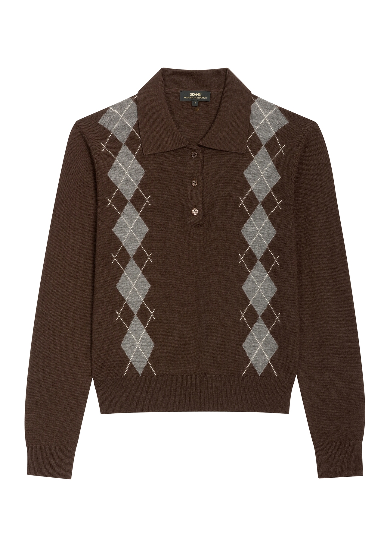 Brązowy sweter damski z wełną SWEDT-0275-1I(Z26), widok produktu z przodu na białym tle.