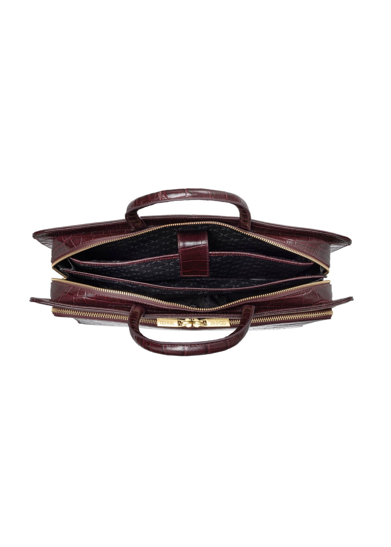Skórzana bordowa torba na laptopa croco TORES-1321-4D(Z26). Widok od góry na białym tle.