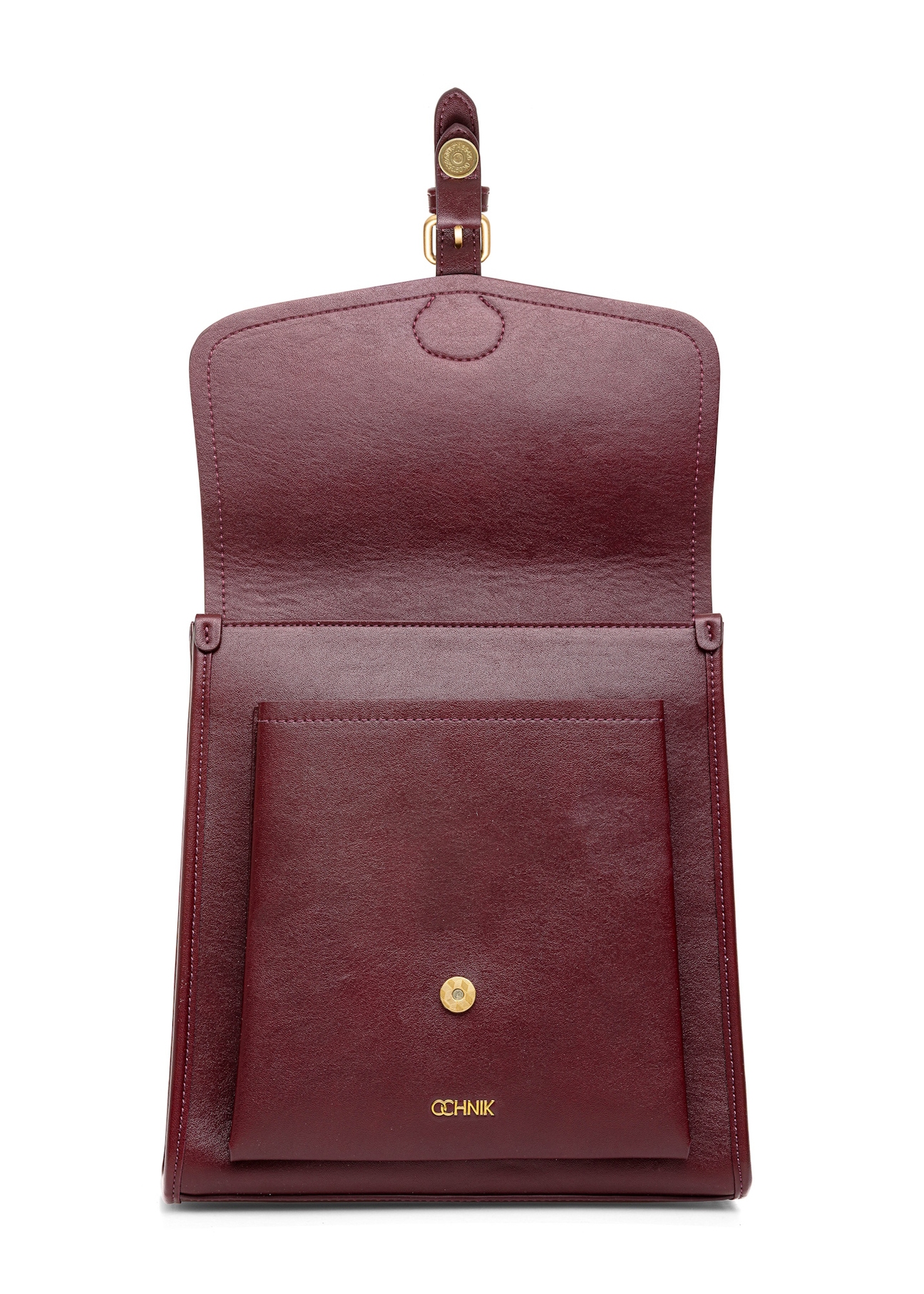 Bordowy średni elegancki plecak damski TOREC-0985A-49(Z25), widok produktu z przodu na białym tle.