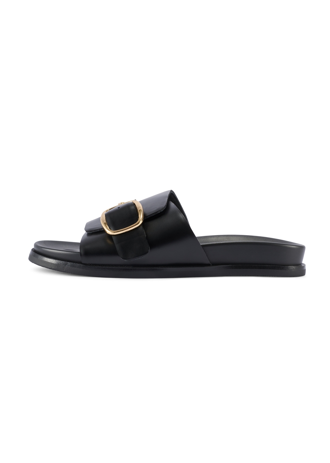 Czarne skórzane klapki damskie BUTYD-1269-99(W26), widok produktu z boku na białym tle. 