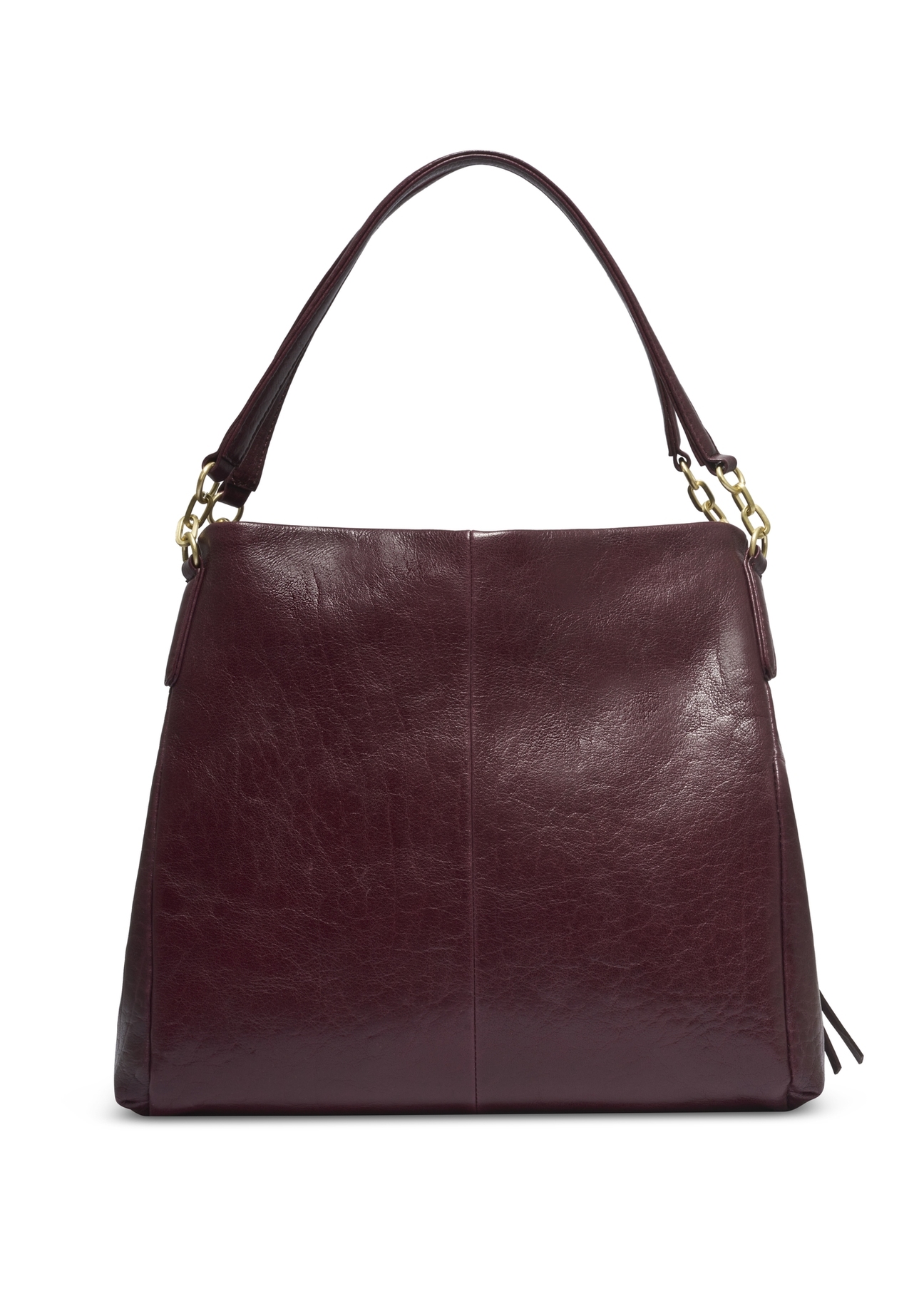 Bordowa skórzana damska torebka shopper TORES-0636-4D(Z26), widok produktu z tyłu na białym tle.