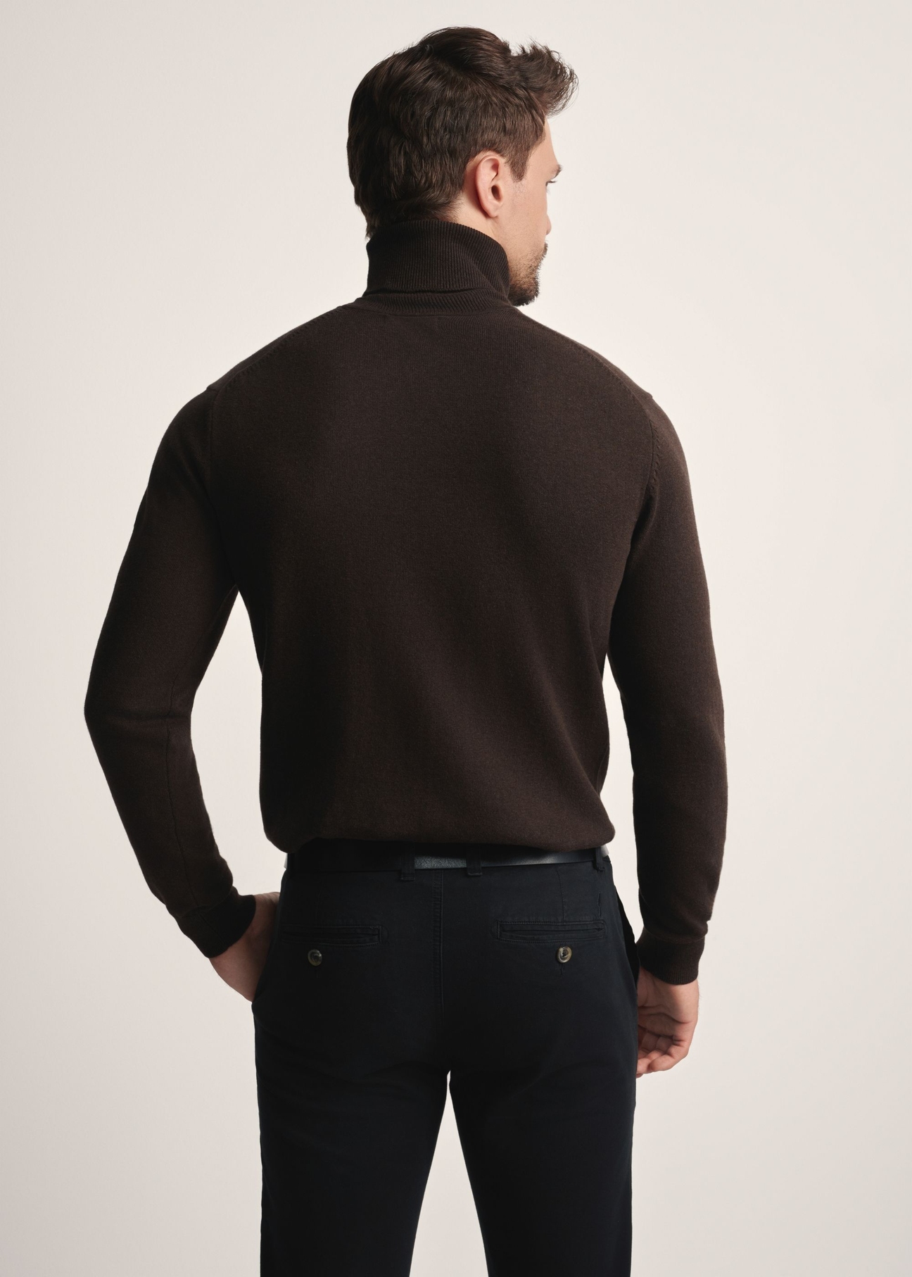 Sweter męski z golfem w kolorze ciemnobrązowym SWEMT-0095B-1I(Z26), widok produktu od tyłu na modelu, widoczna połowa sylwetki.