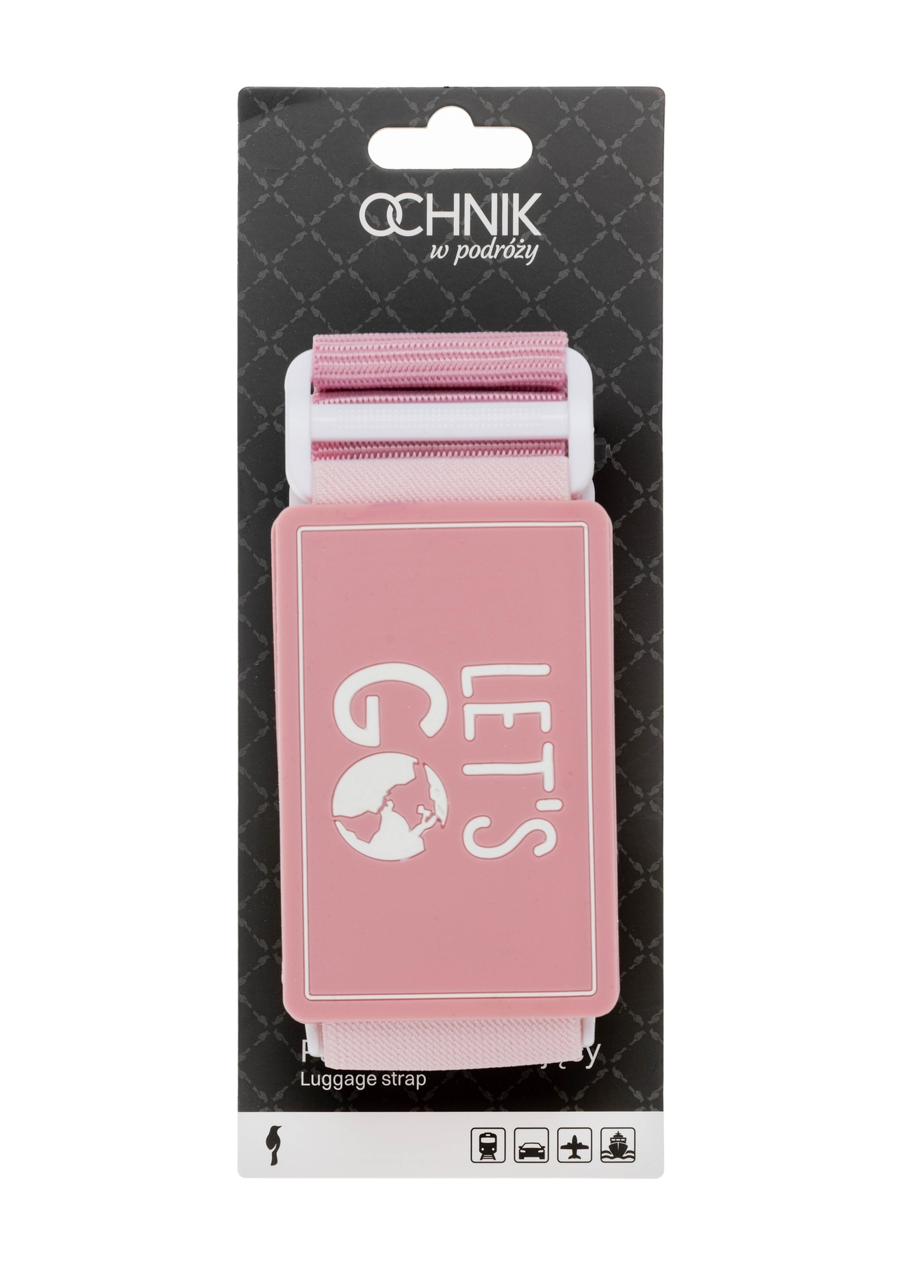 Pas bagażowy w kolorze różowym AW-011-0002-5D(W26), widok produktu od przodu w opakowaniu na białym tle.