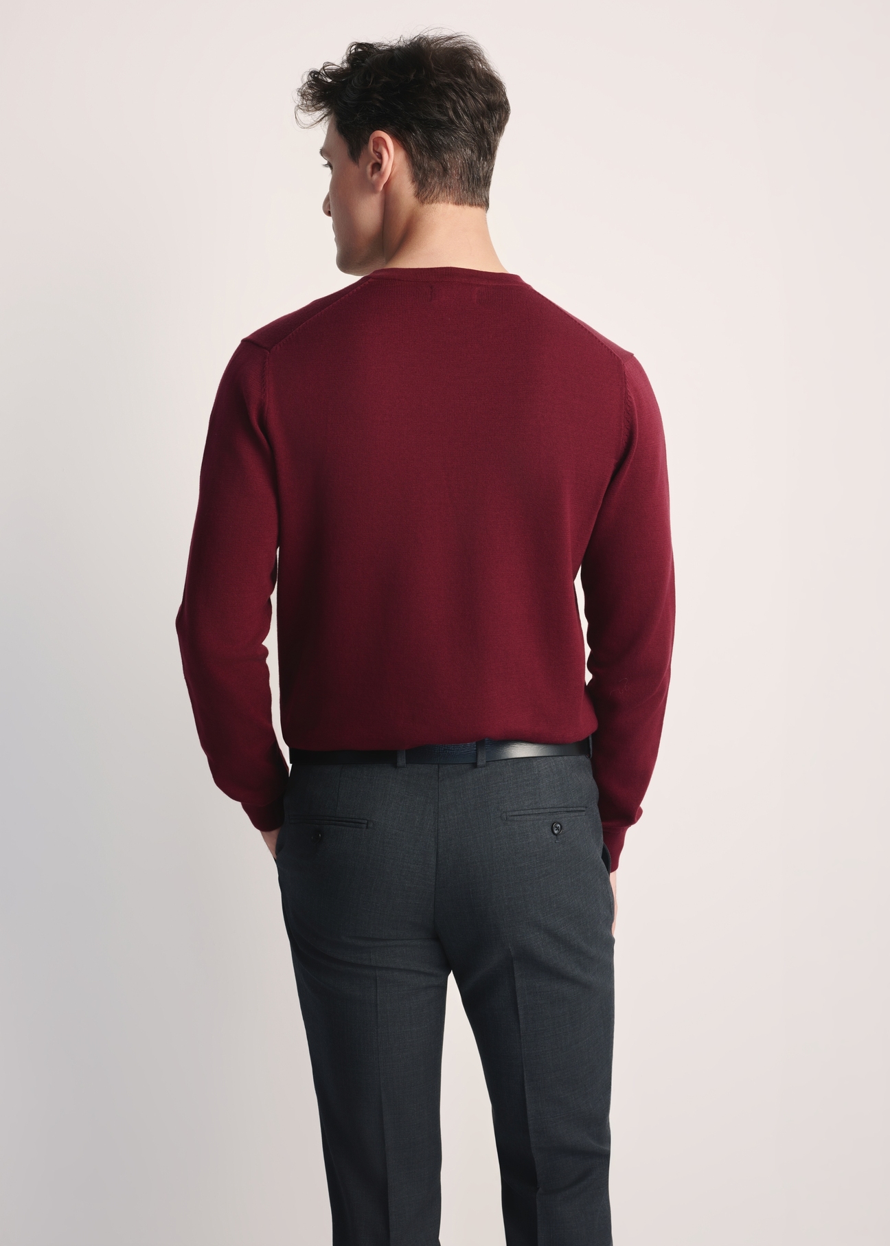 Bordowy sweter męski z logo SWEMT-0159A-49(Z25), widok prosuktu z tyłu na modelu. Widoczna połowa sylwetki.
