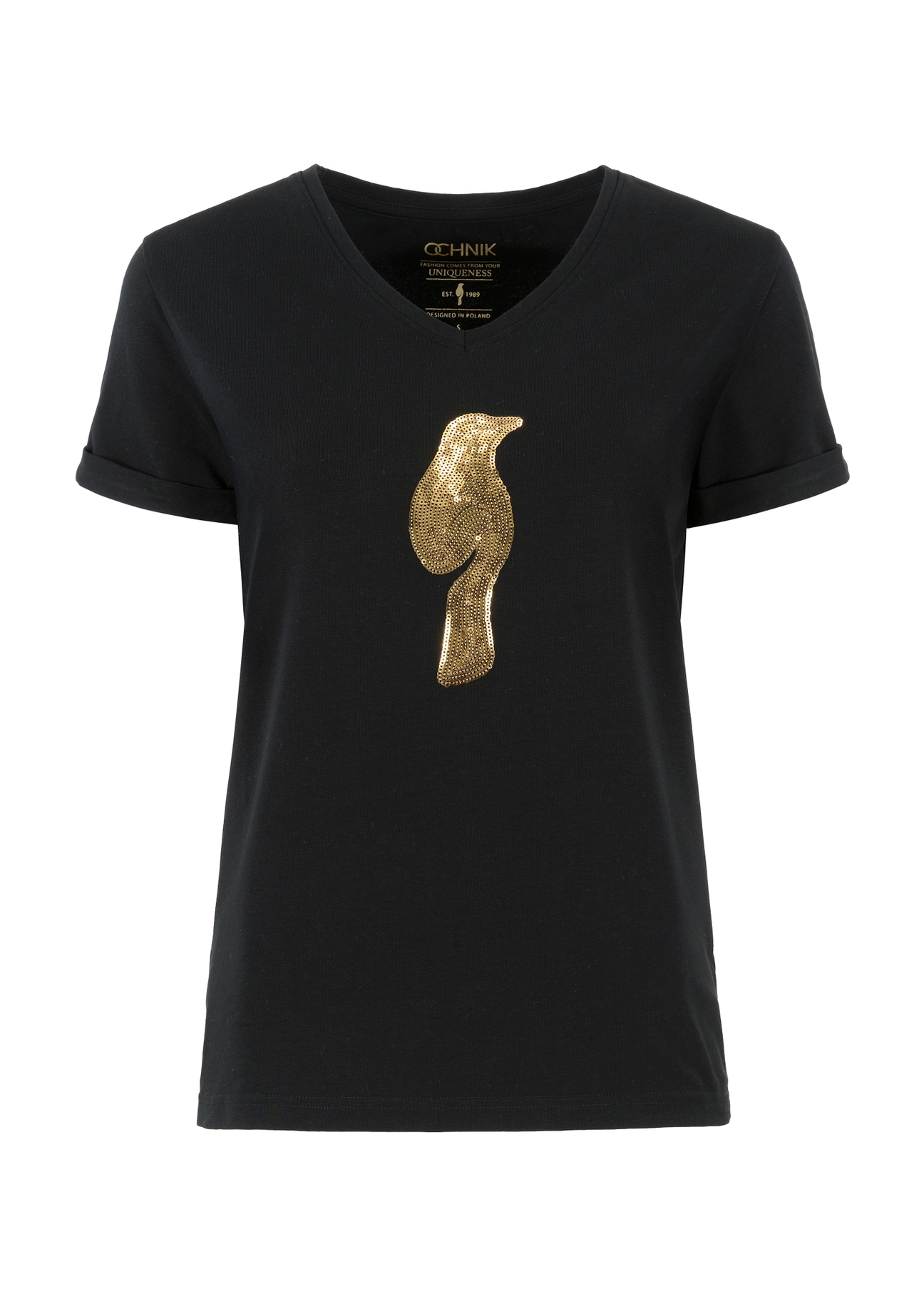 Czarny T-shirt damski z aplikacją wilgi TSHDT-0116-99(Z23)-03