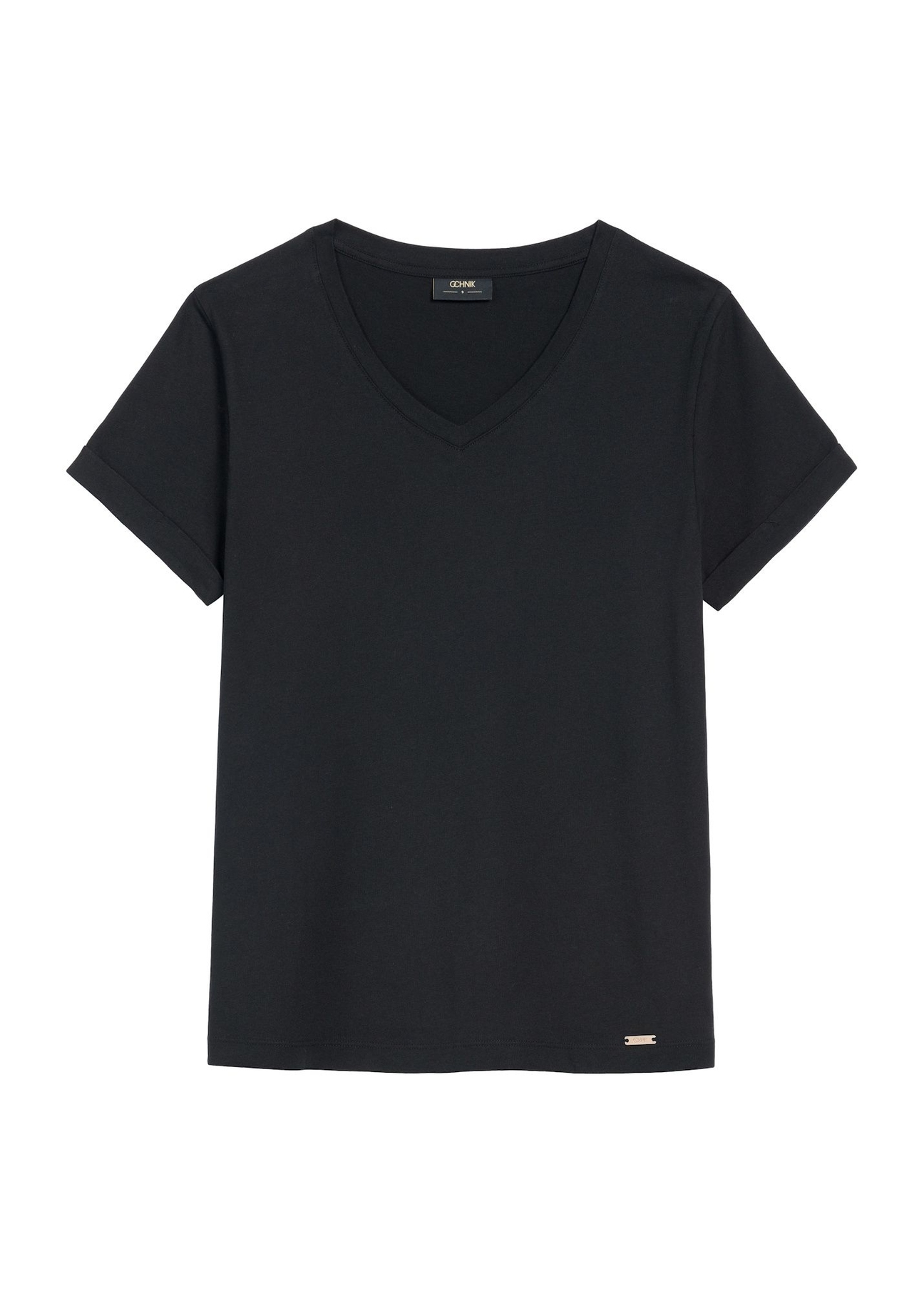 Czarny T-shirt damski w serek TSHDT-0118B-99(Z26), widok produktu z przodu na białym tle.