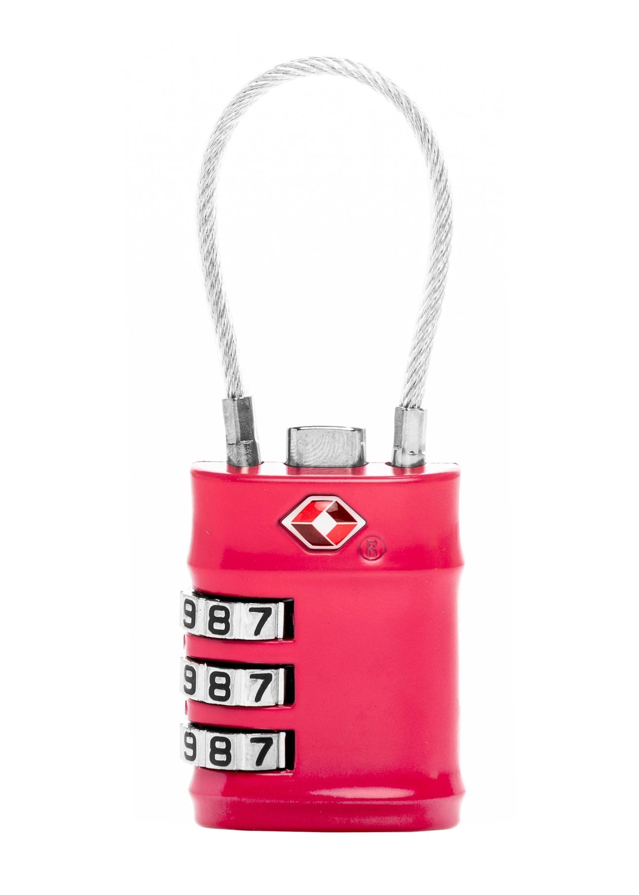 Fuksjowa szyfrowa kłódka TSA AW-015-0007-5E(W26), widok produktu z tyłu na białym tle.