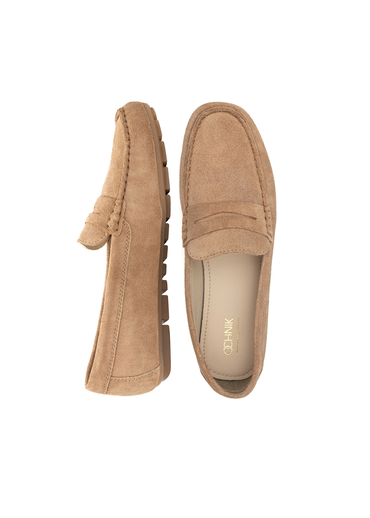 Skórzane beżowe mokasyny damskie BUTYD-1262-1B(W26), widok produktu z góry na białym tle.