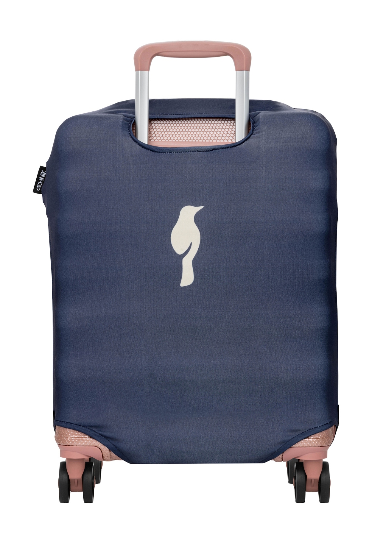 Granatowy pokrowiec na małą walizkę AW-013-0002-7D-S(W26), widok produktu z tyłu na walizce.