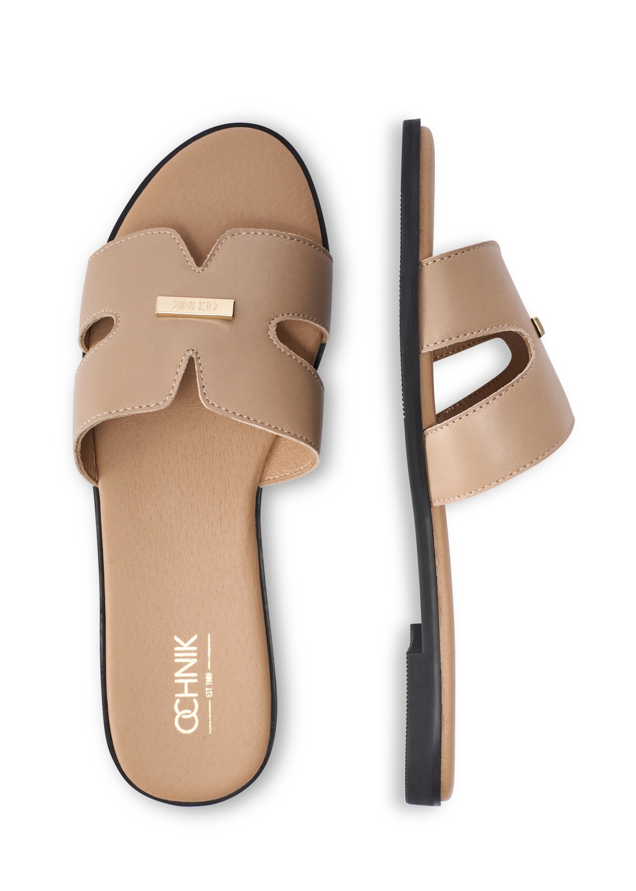 Beżowe klapki damskie BUTYD-0725D-1B(W26), widok produktu z góry na białym tle.