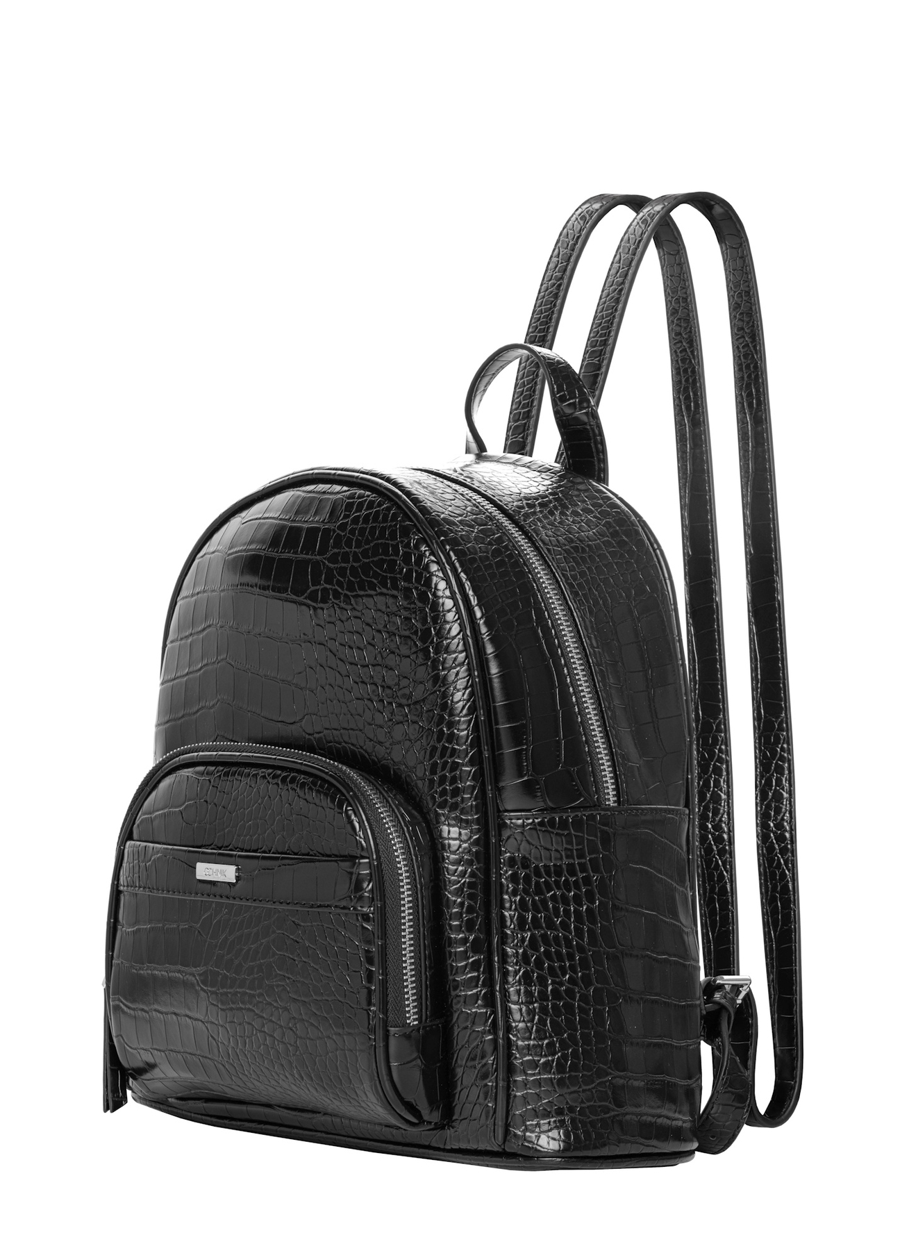 Czarny plecak damski croco TOREC-1263-9G(Z26), widok produktu skosem na jasnym tle.