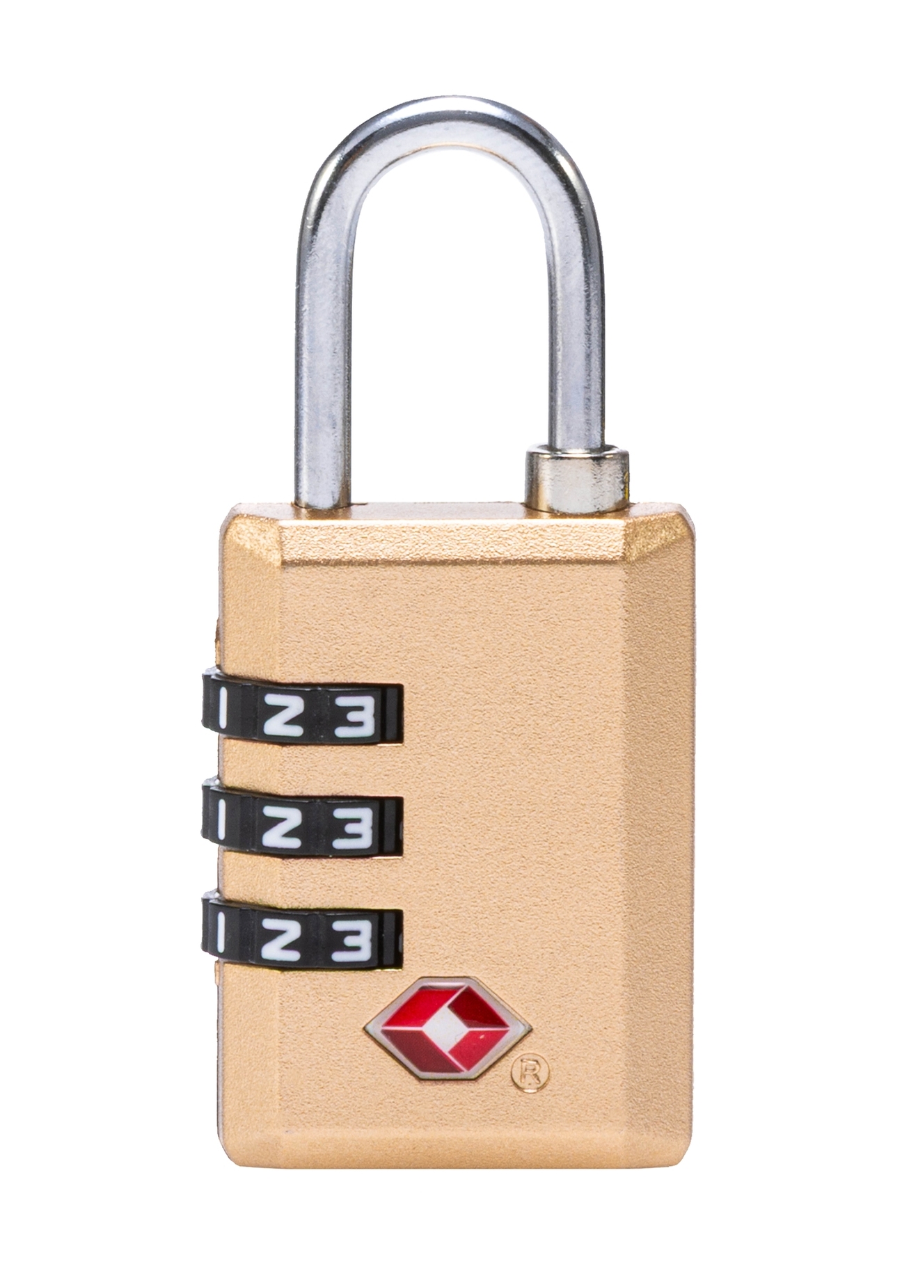 Złota szyfrowa kłódka TSA AW-015-0002-28(W25), widok produktu tyłem na białym tle.