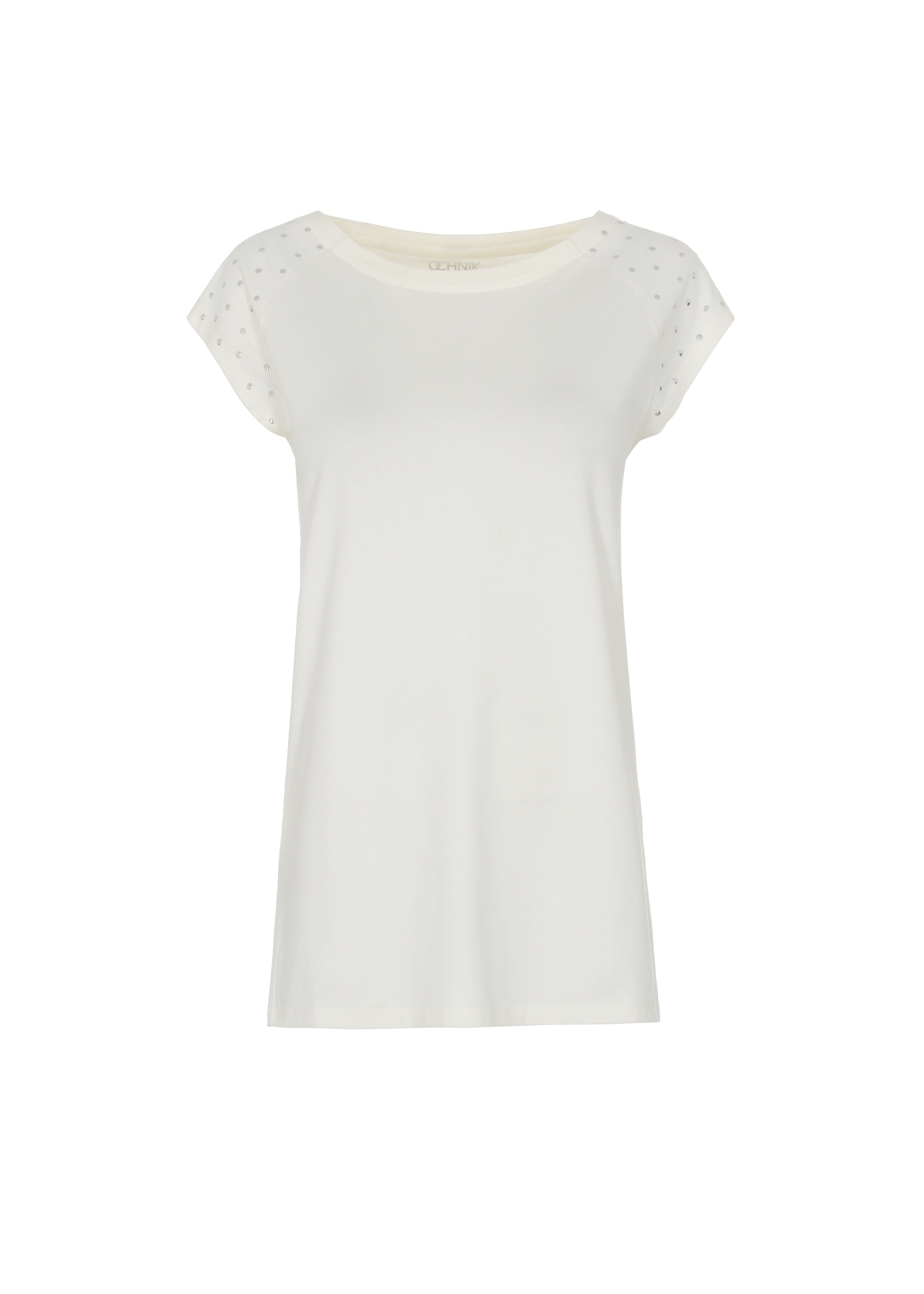 Mleczny T-shirt damski z aplikacją TSHDT-0096-12(W22)-02