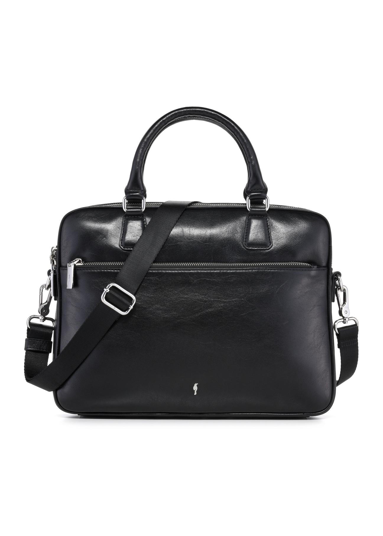 Czarna skórzana torba na laptopa TORES-1227-99(W26), widok produktu z przodu na białym tle.