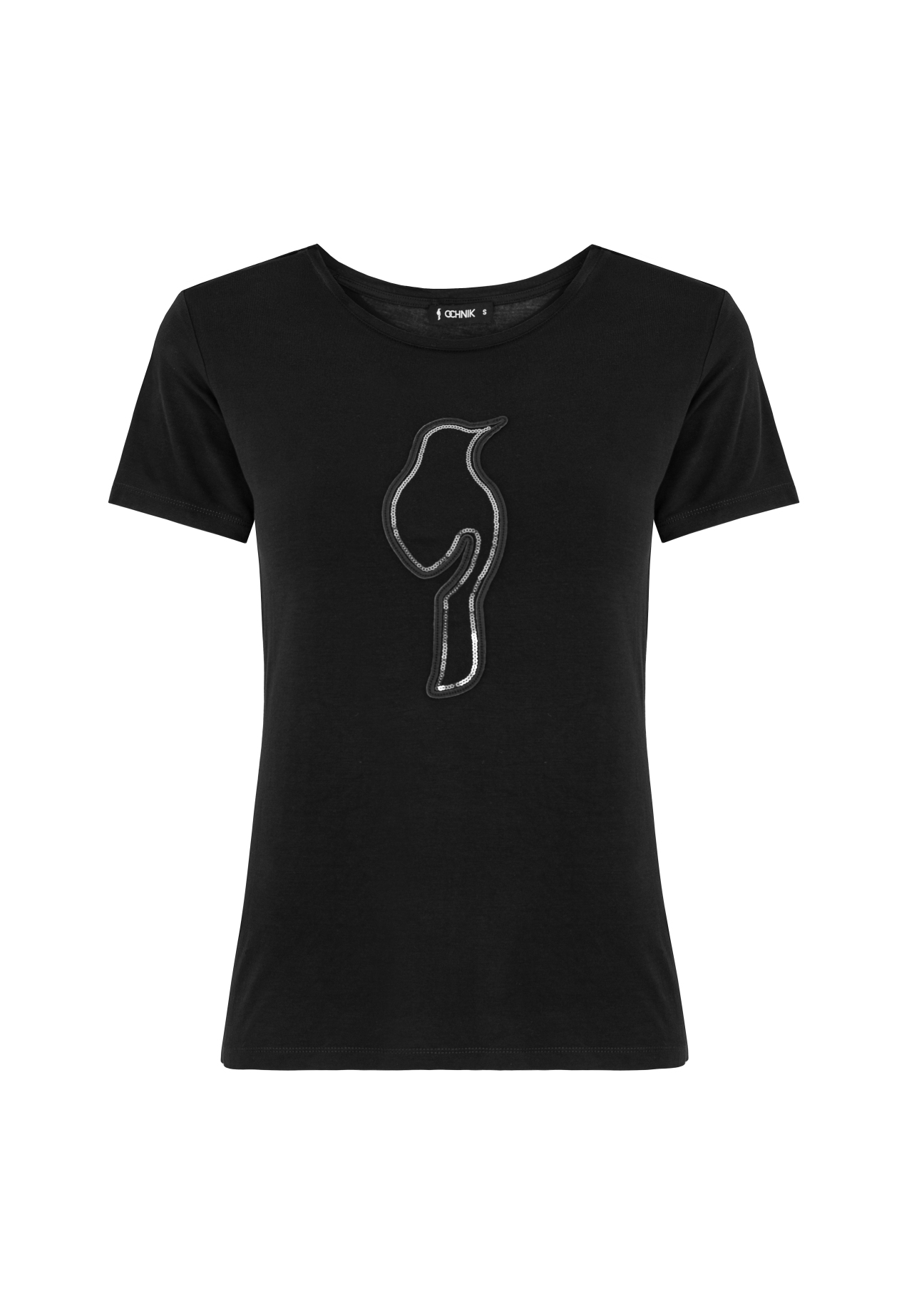 Czarny T-shirt damski z aplikacją TSHDT-0069-99(W21)-02