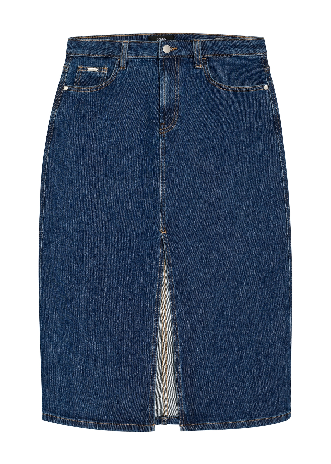 Jeansowa spódnica midi SPCDT-0119-7H(W26), widok produktu z przodu na białym tle.