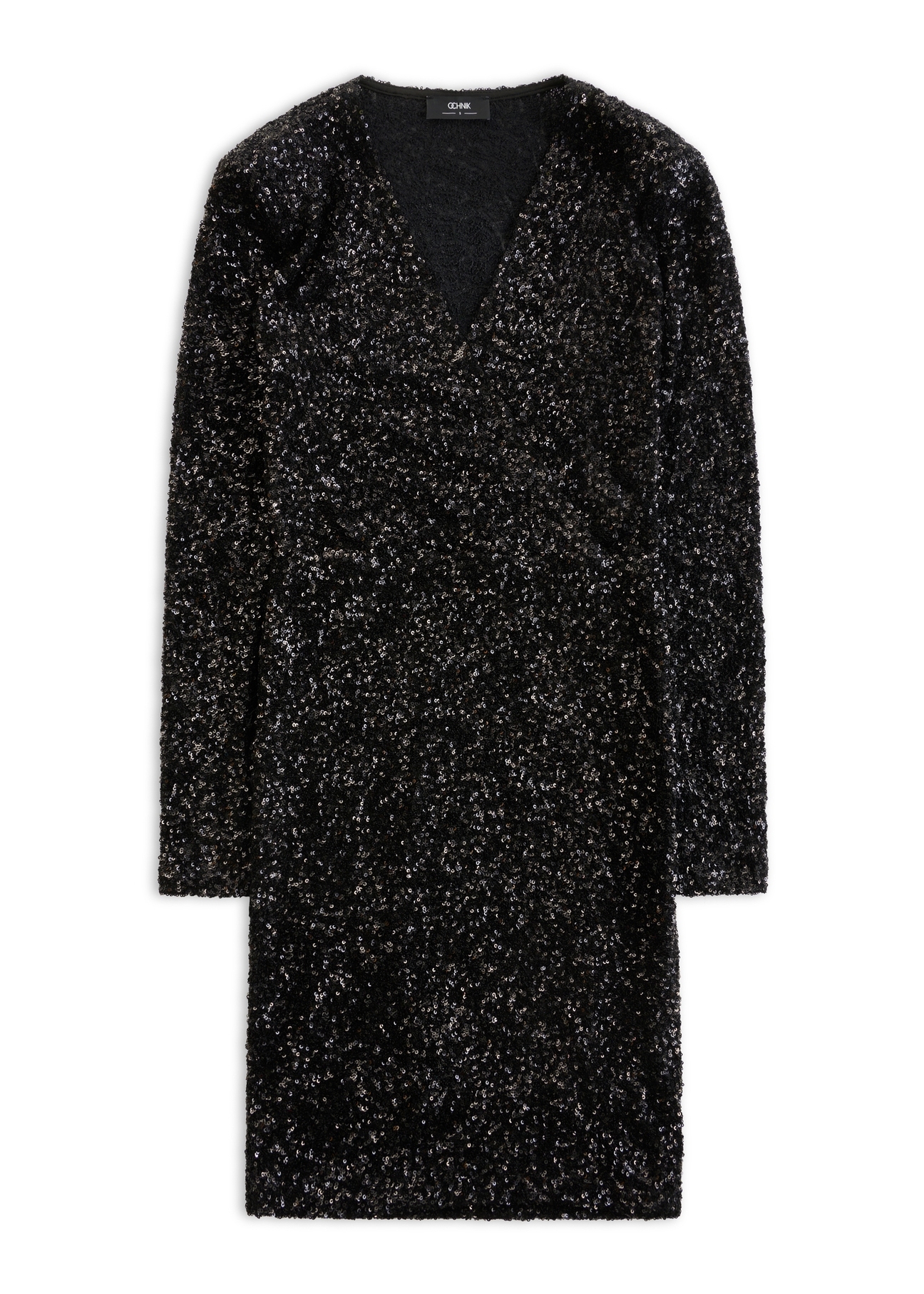 Czarna cekinowa sukienka SUKDT-0254-99(Z25), widok produktu od przodu na białym tle.