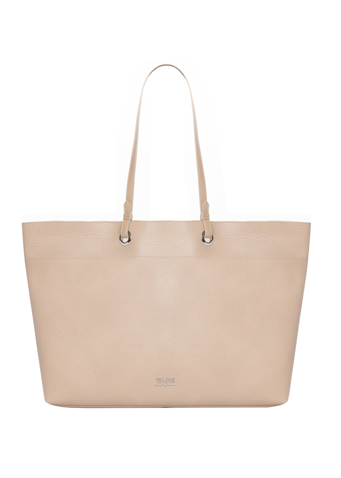 Beżowa groszkowana torebka shopper TOREC-1252-1B(Z26), widok produktu z przodu na jasnym tle.