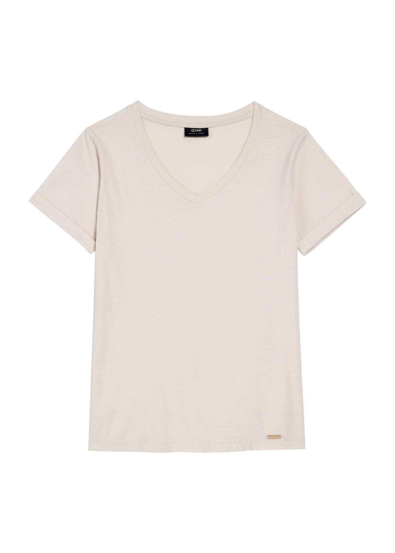 Beżowy T-shirt damski w serek TSHDT-0118A-80(Z25), widok produktu z przodu na białym tle.