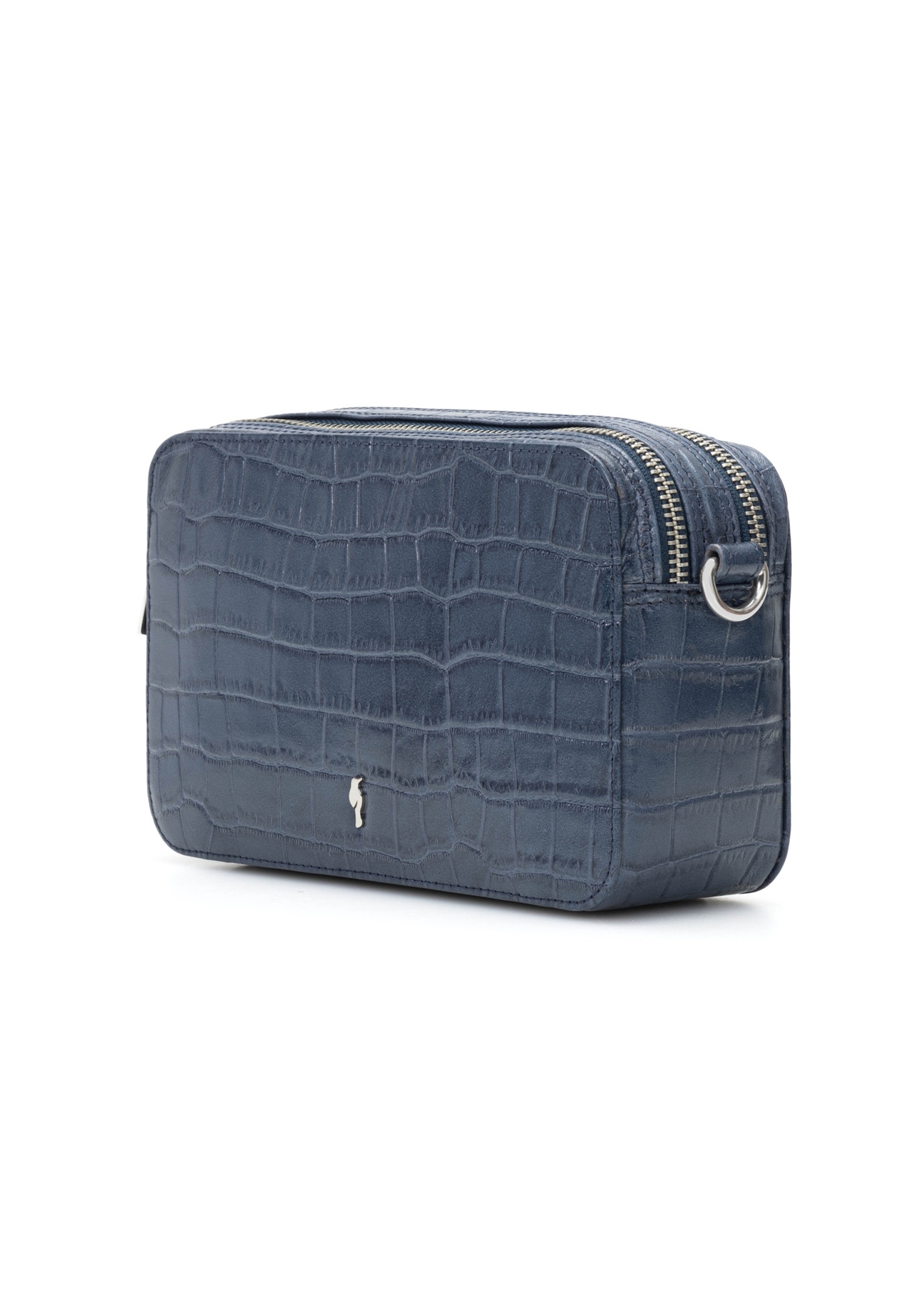 Mała granatowa skórzana torebka croco TORES-1231-7D(W26), widok produktu skosem na białym tle.