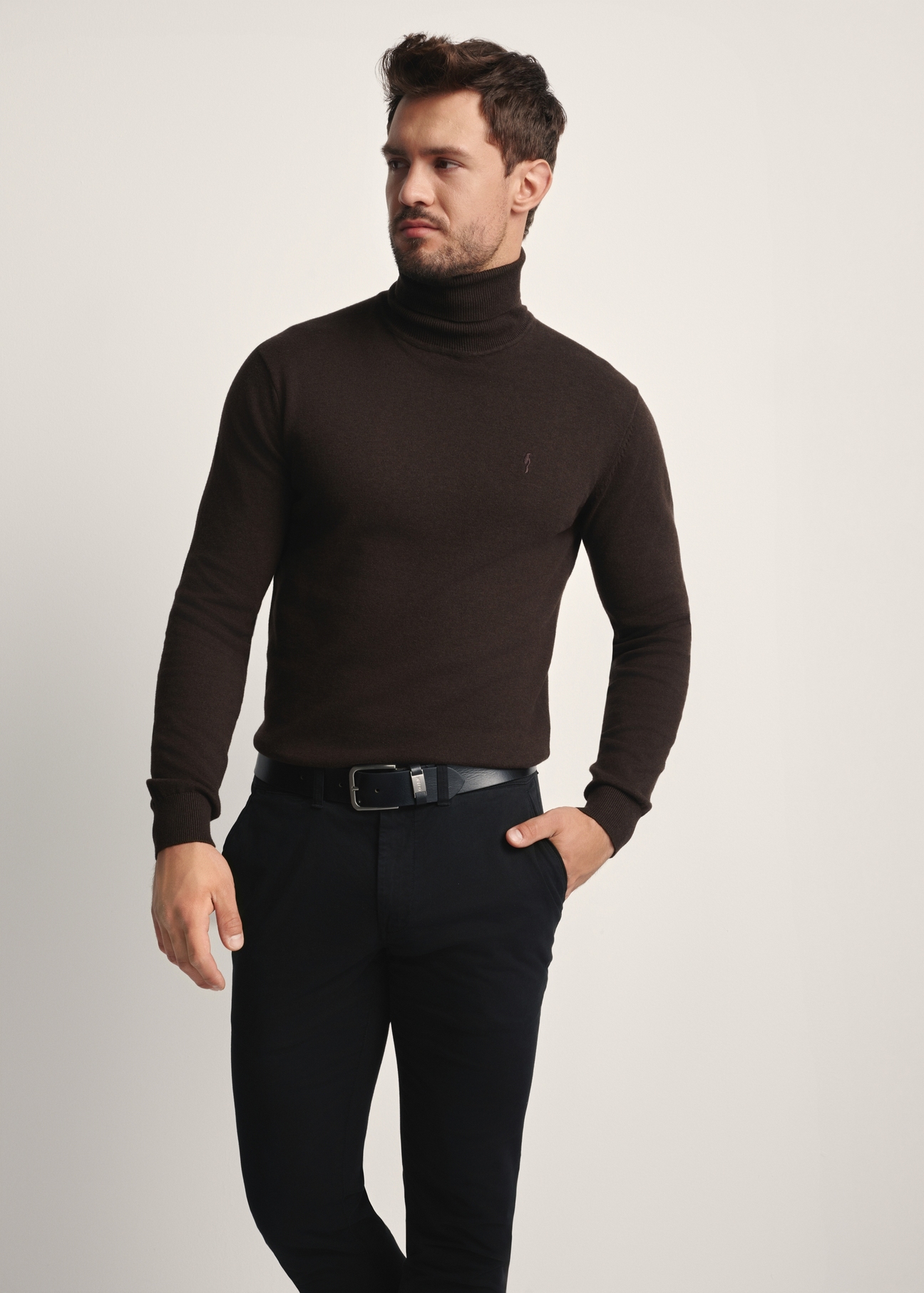 Sweter męski z golfem w kolorze czekoladowym SWEMT-0095B-90(Z25), widok produktu od przodu na modelu, widoczna połowa sylwetki.