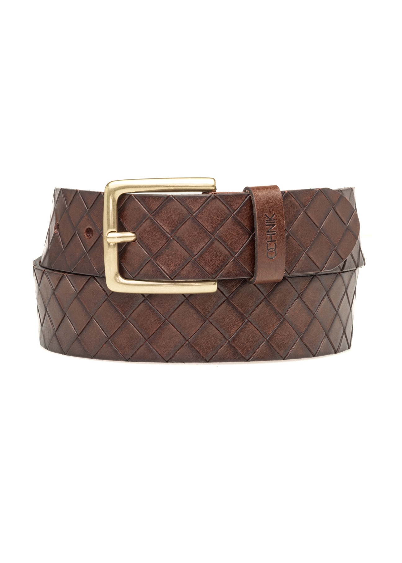 Brązowy skórzany pasek męski PASMS-0278-1I(W26), widok produktu z przodu na białym tle.