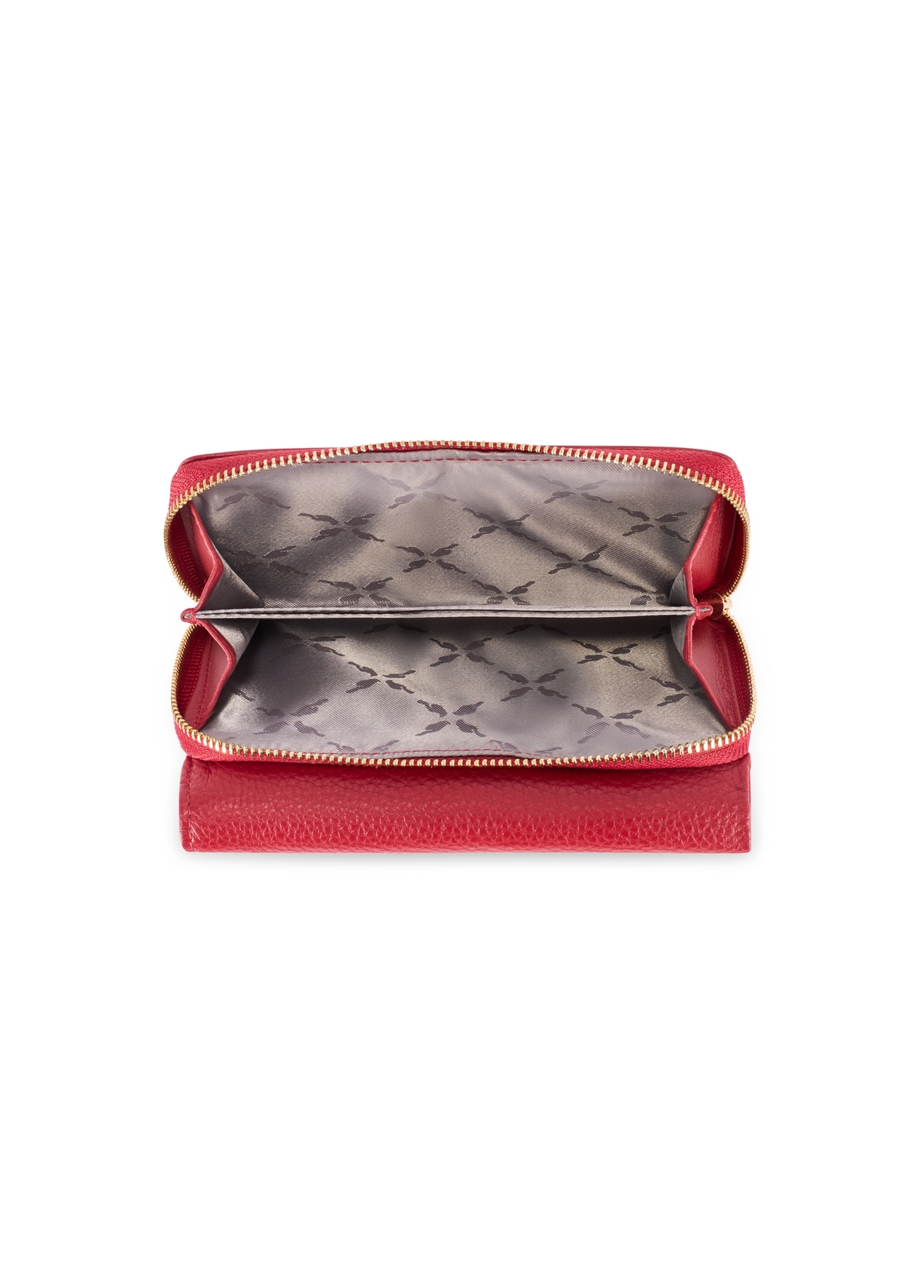 Duży czerwony skórzany portfel damski PORES-0801R-4B(W26), widok produktu w środku na białym tle.