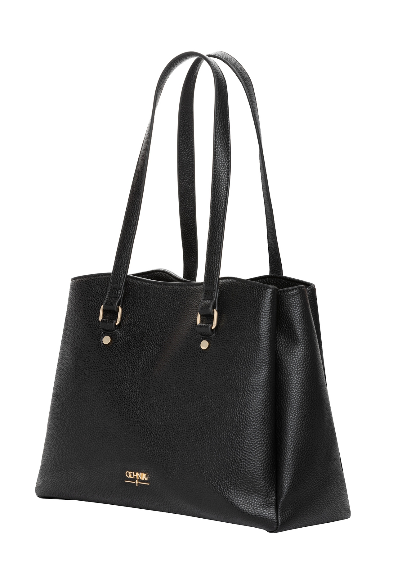 Czarna torebka shopper damska TOREC-1260-9I(Z26), widok produktu skosem na białym tle.
