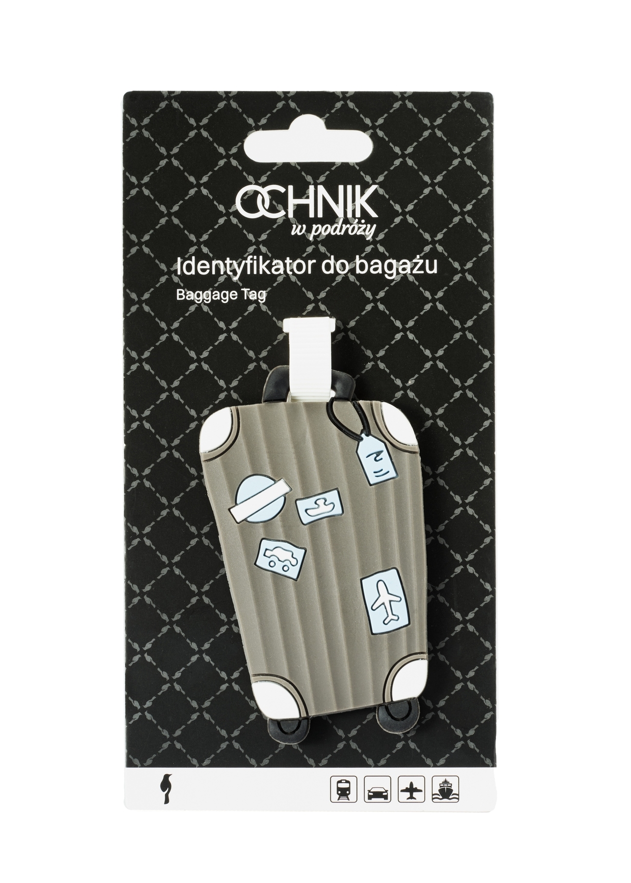 Identyfikator do bagażu AW-012-0005-95(W25), widok produktu przodem w opakowaniu na białym tle.