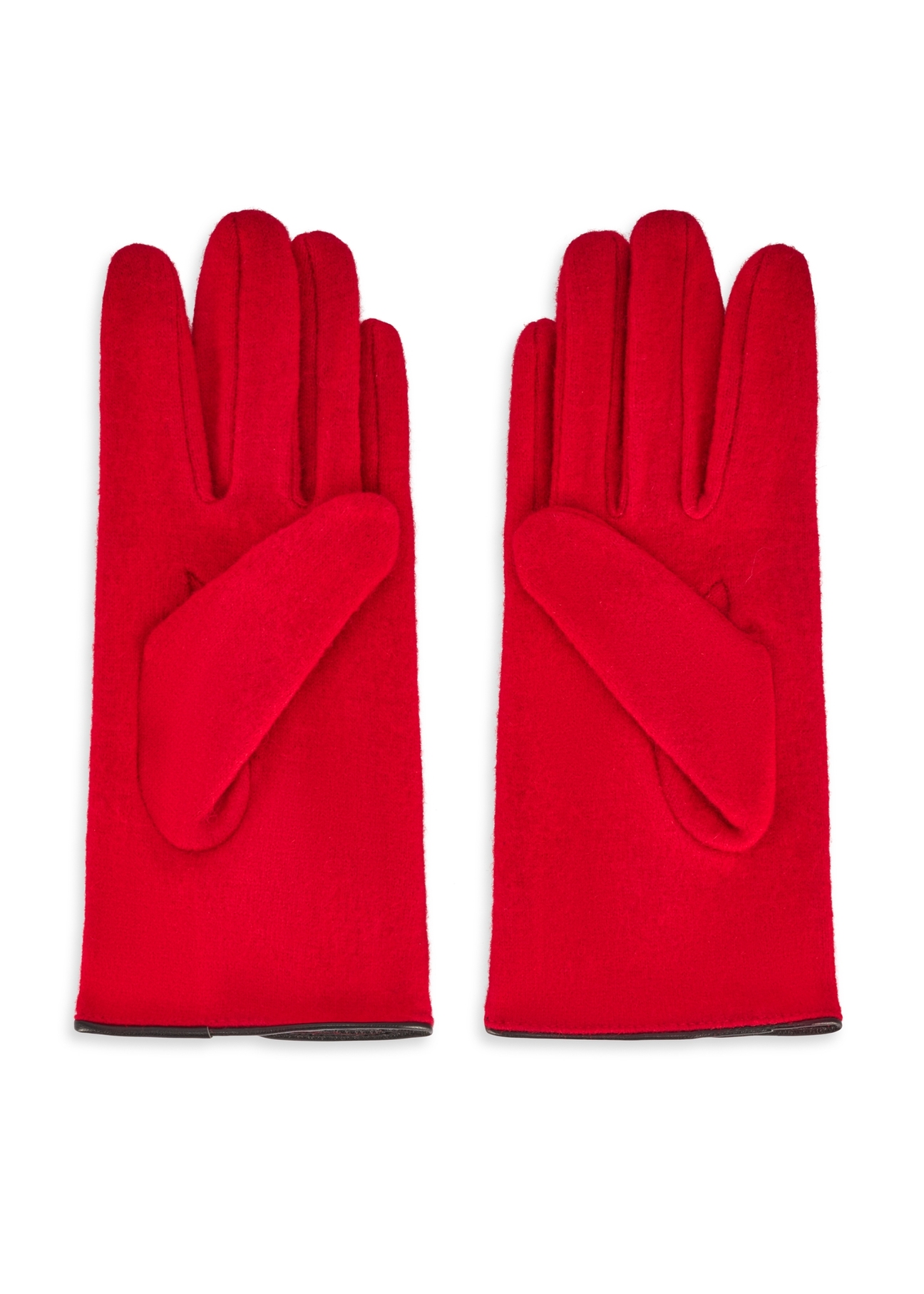 Czerwone wełniane rękawiczki damskie REKDT-0027A-42(Z25), widok produktu od tyłu na białym tle.