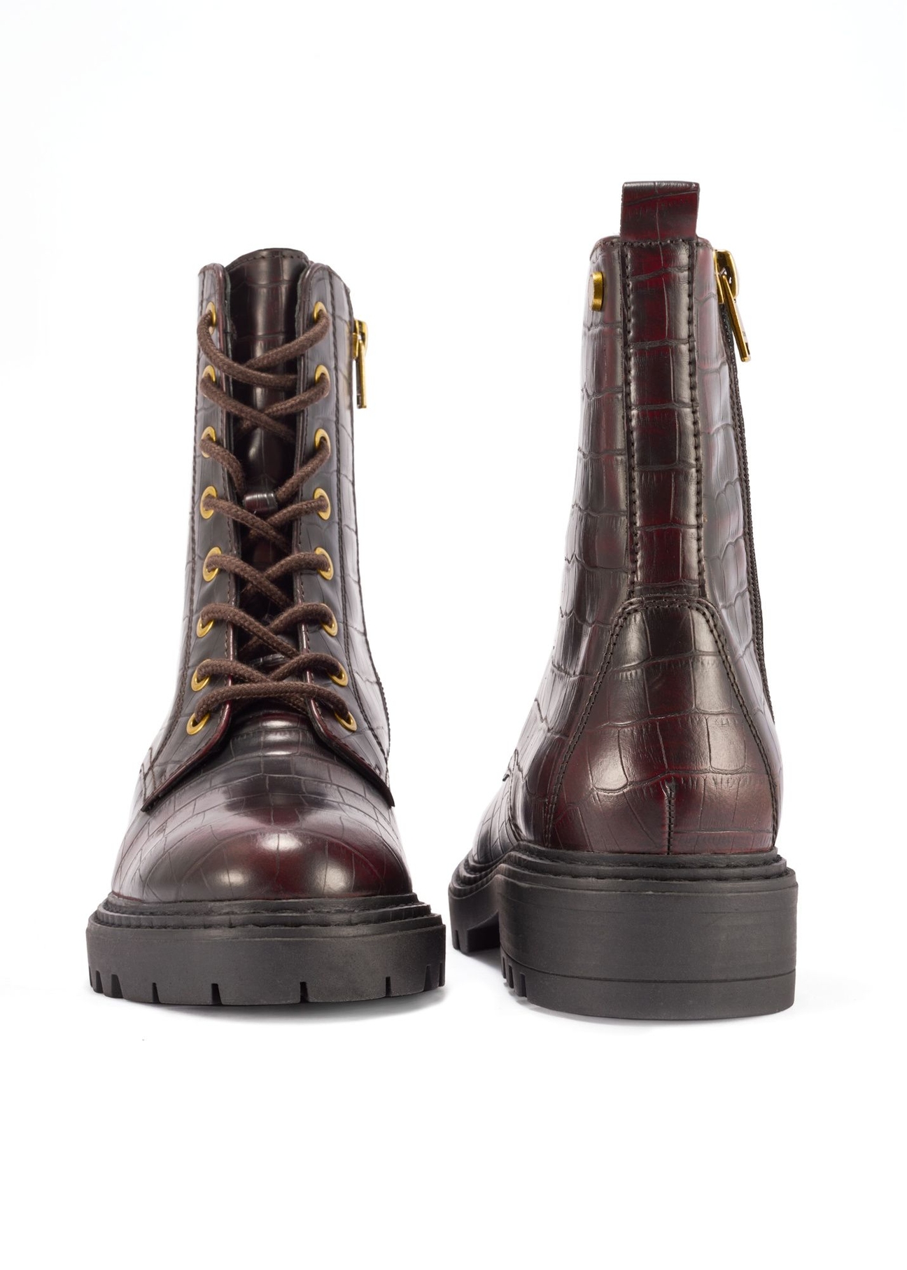 Bordowe botki damskie croco BUTYD-1192-4E(Z26), widok produktu z przodu i tyłu na białym tle.
