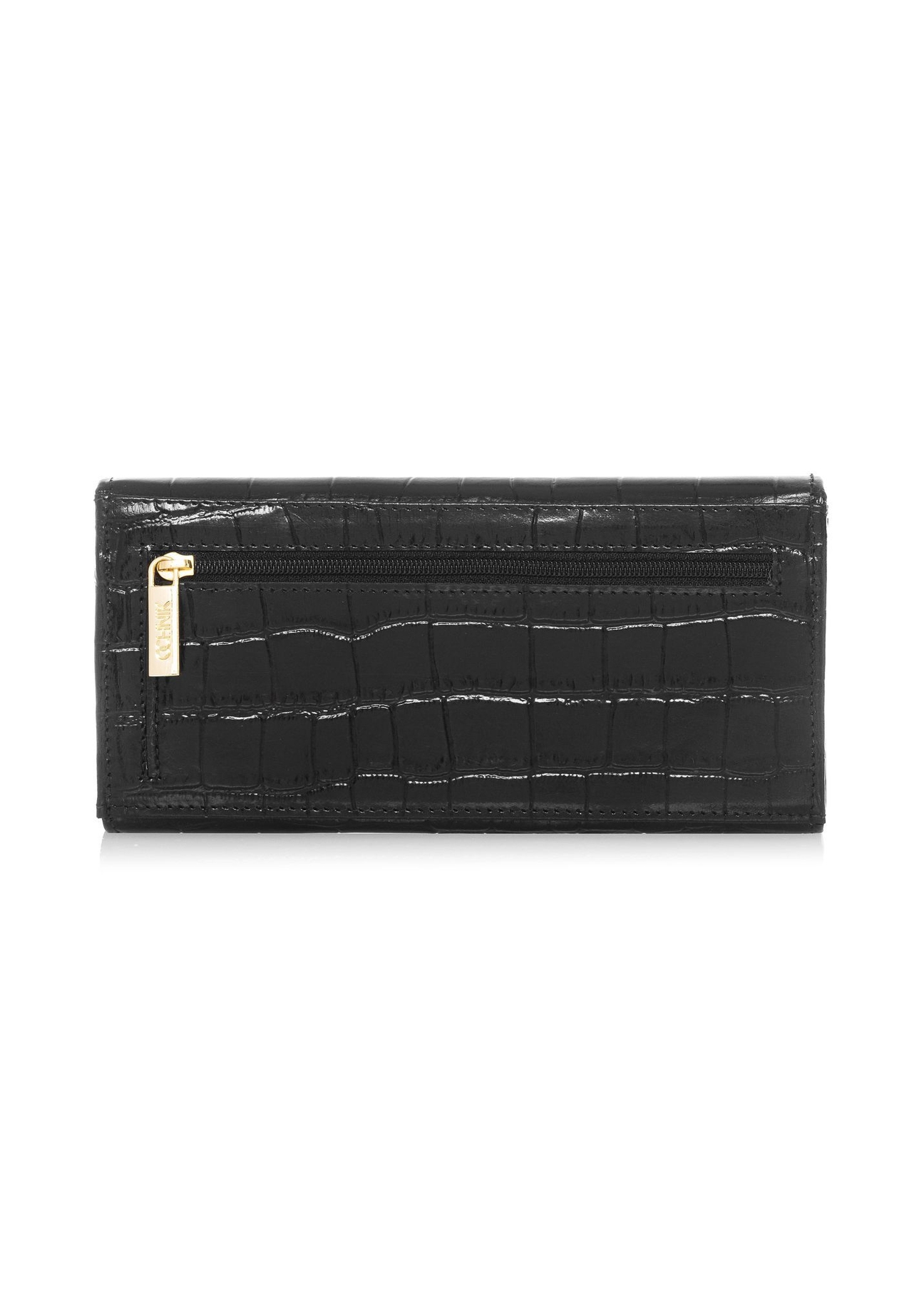 Skórzany czarny portfel damski croco PORES-0889B-99(Z25), widok produktu z tyłu na białym tle.