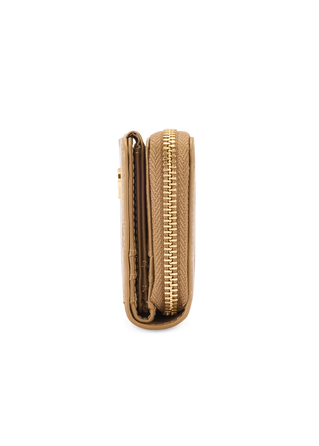 Mały beżowy portfel damski z monogramem POREC-0349A-81(Z25), widok produktu od boku na białym tle.