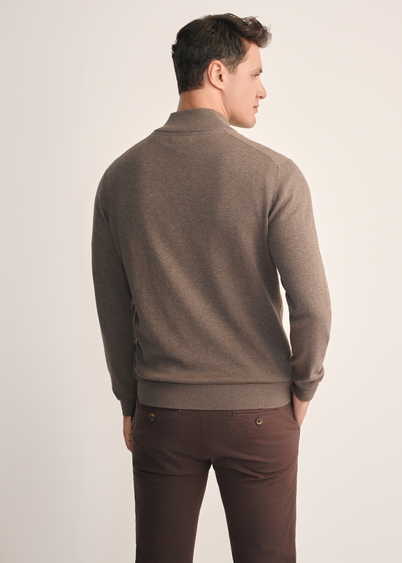 Brązowy sweter męski SWEMT-0174-90(Z25), widok produktu z tyłu na modelu. Widoczna połowa sylwetki.