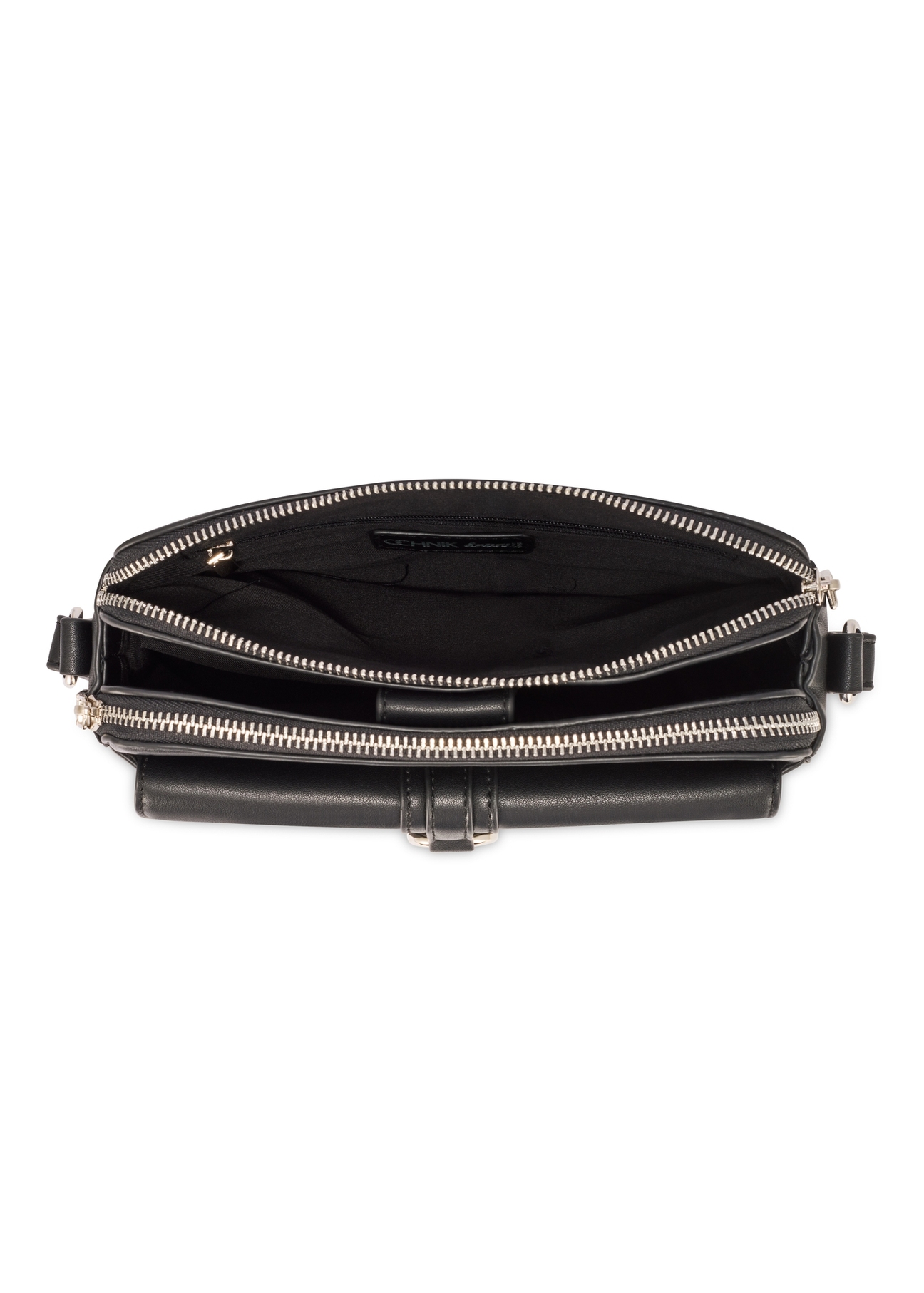 Czarna mała torebka damska TOREC-1175-99(W26) - widok produktu z góry, na białym tle.