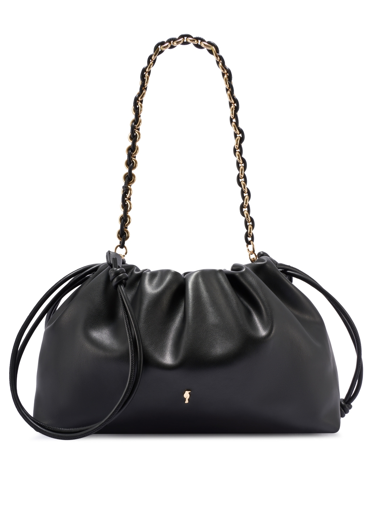 Czarna torebka typu worek TOREC-1215-99(W26) - widok produktu z przodu, na białym tle.