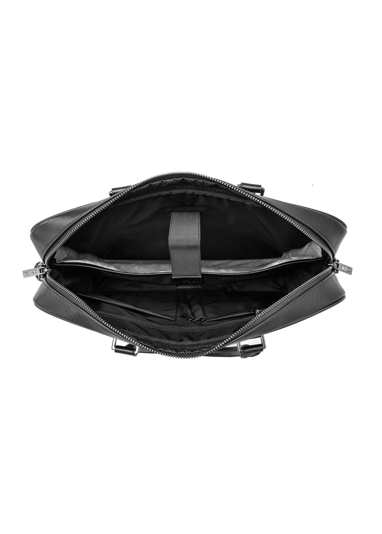 Czarna skórzana torba na laptopa TORMS-0494-99(W26) - widok produktu z góry, na białym tle. 