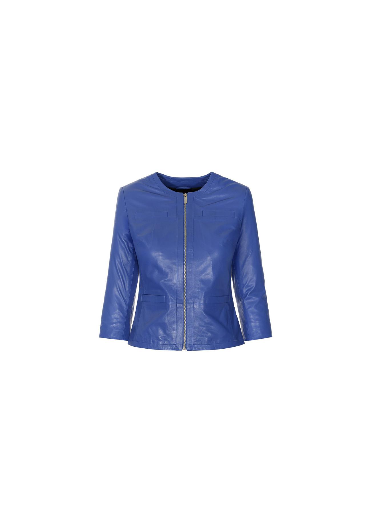 Taliowana niebieska kurtka skórzana damska KURDS-0082-5448(W19)
