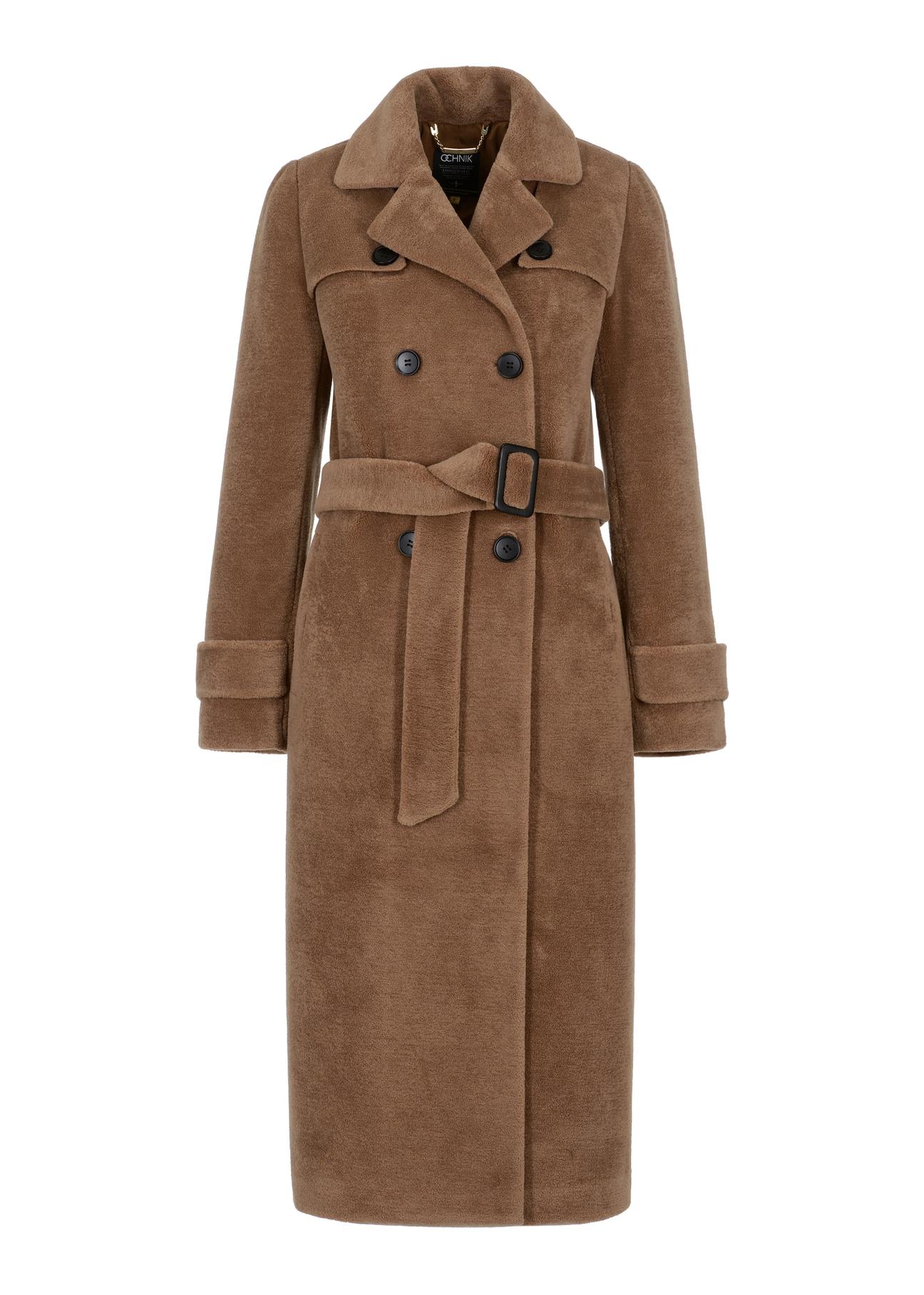 Dwurzędowy płaszcz wełniany damski z paskiem FUTDW-0021-24(Z23)
