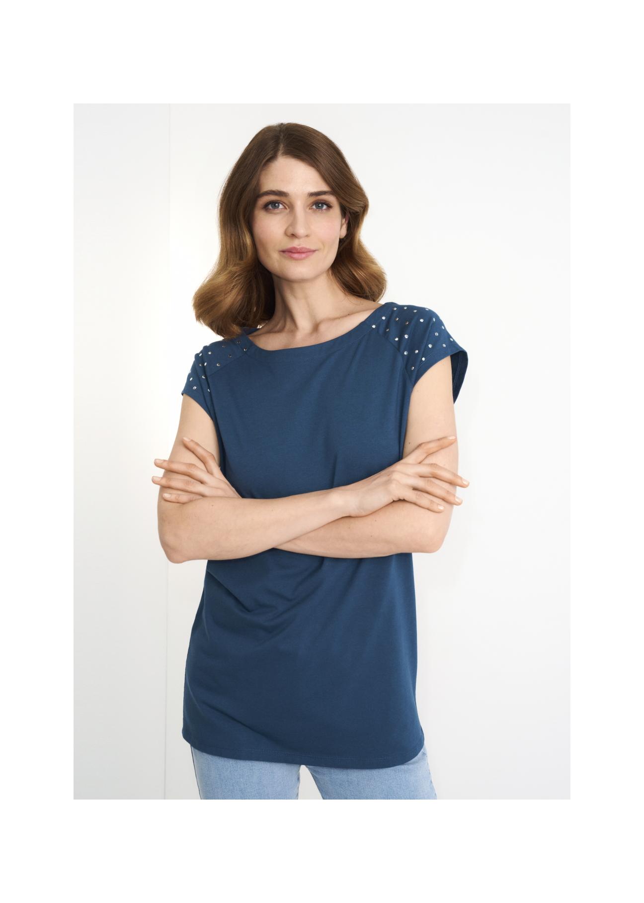 Granatowy T-shirt damski z aplikacją TSHDT-0096-69(W22)