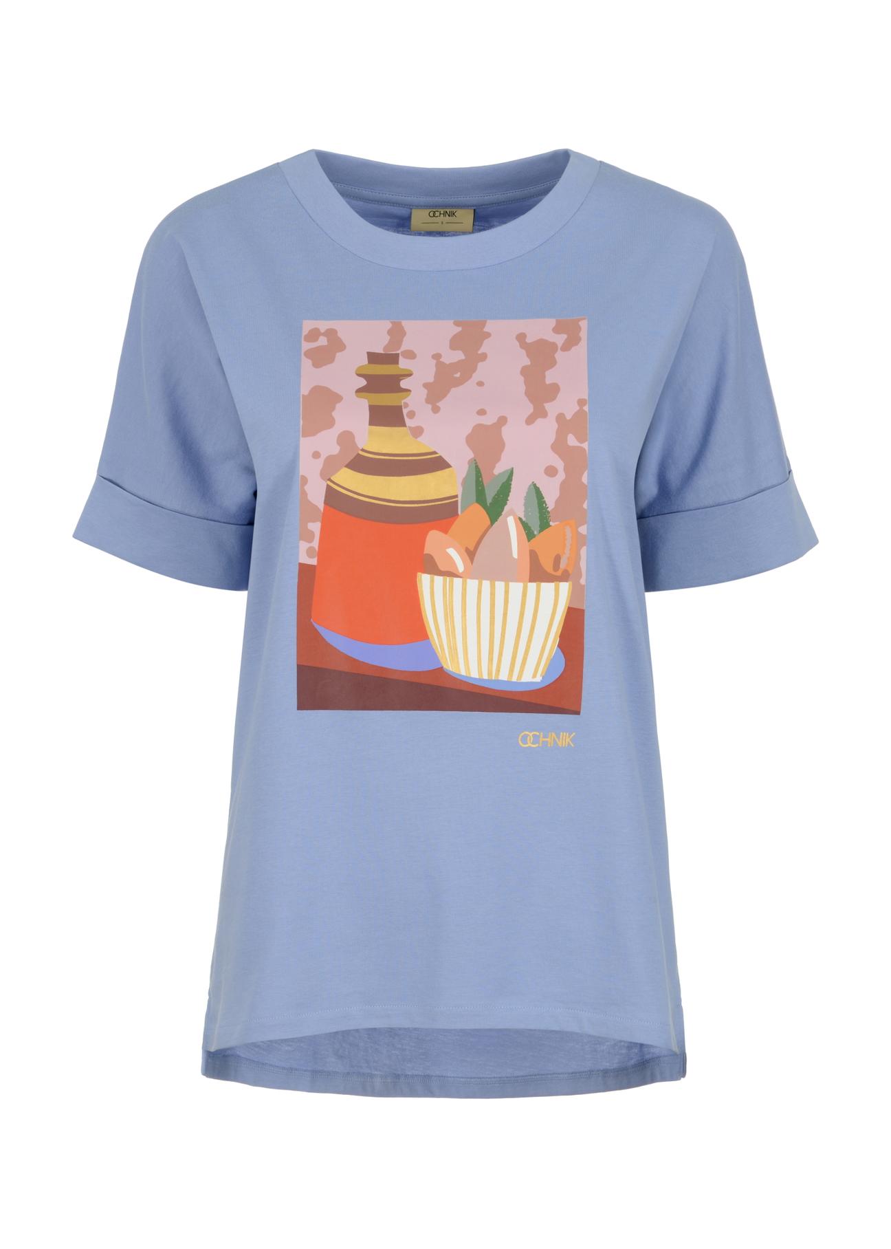 Błękitny T-shirt damski z printem TSHDT-0105-62(W23)