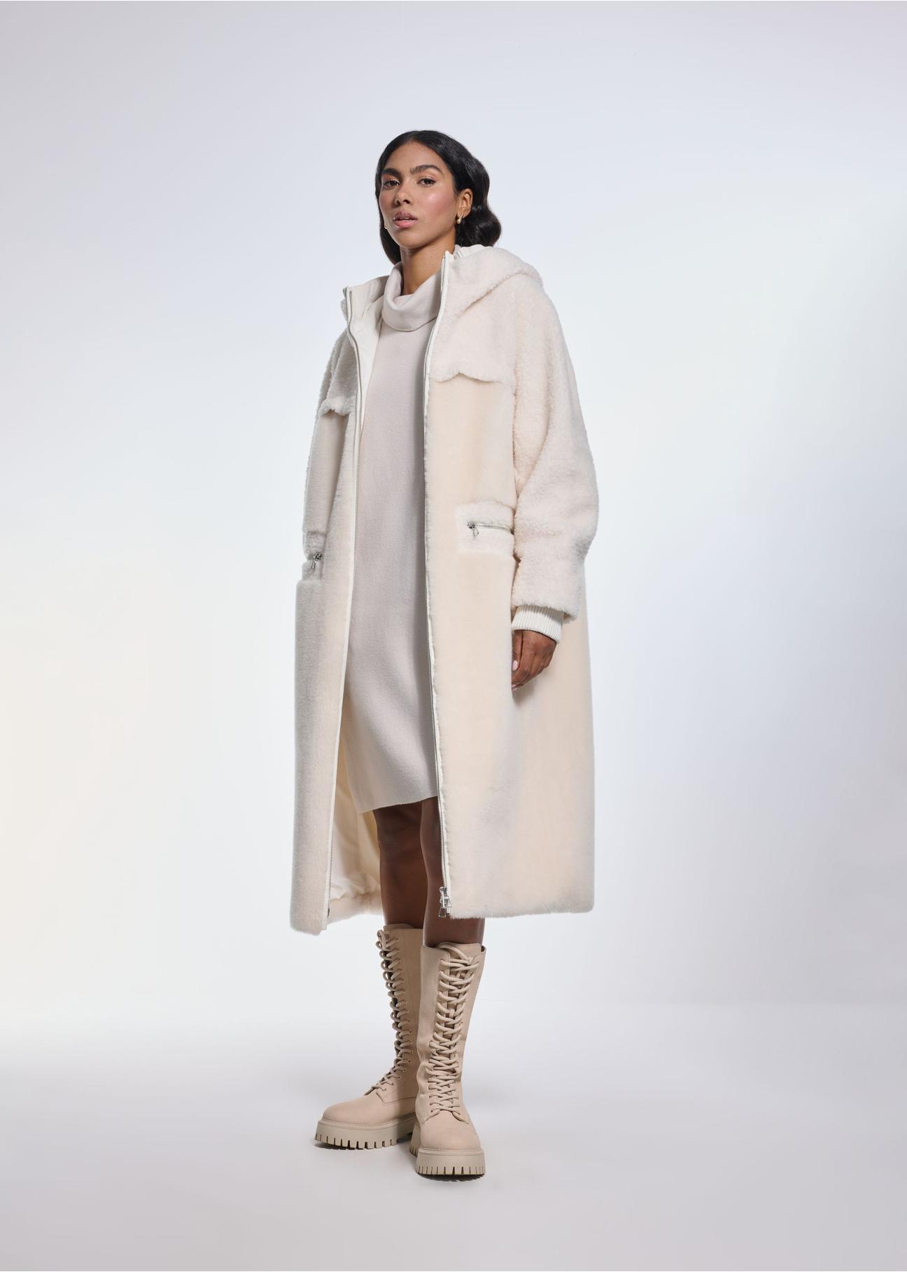 Beige woolen women's fur coat FUTDP-0030-12(Z24)-01