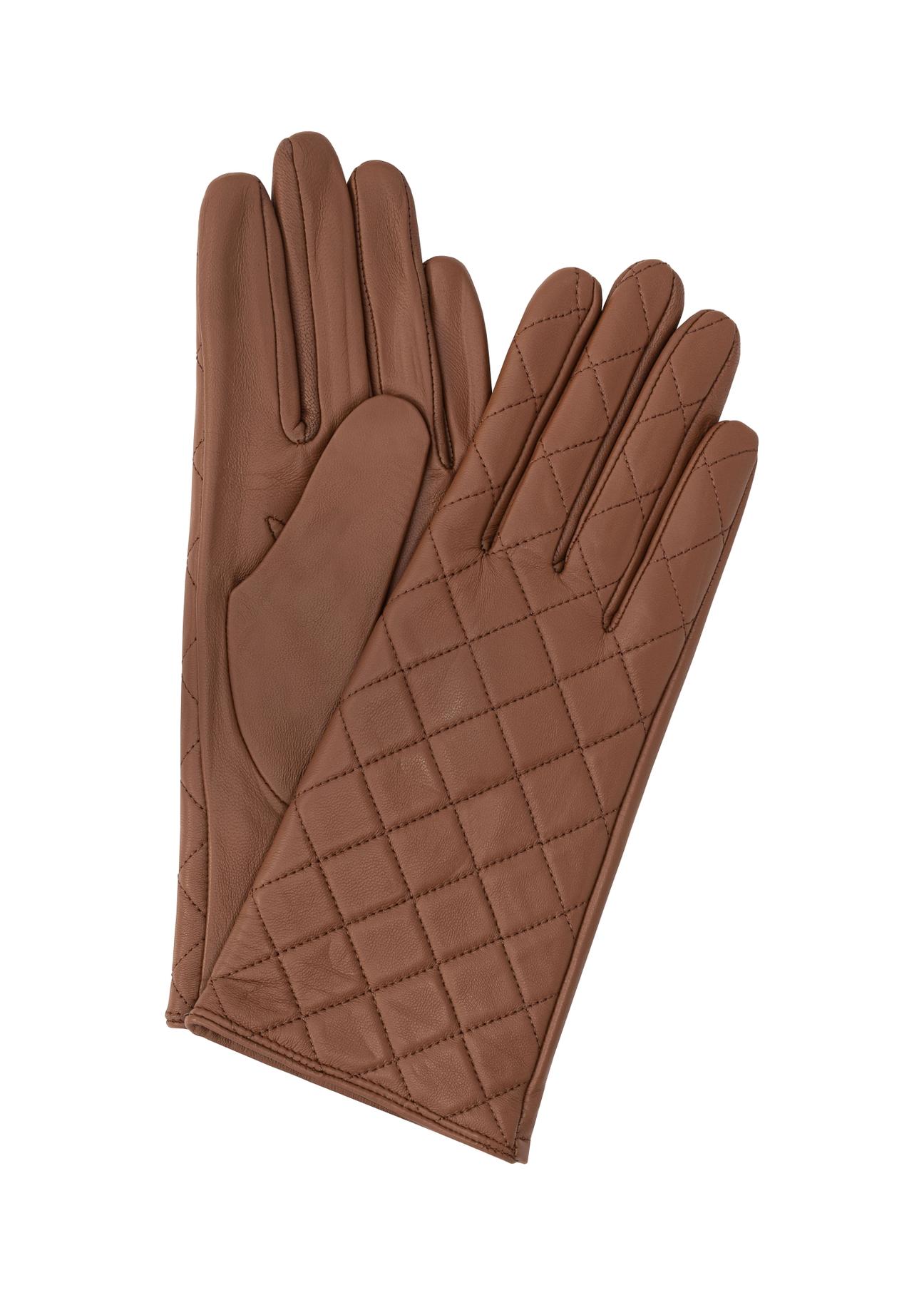 Skórzane brązowe rękawiczki damskie REKDS-0079-24(Z23)