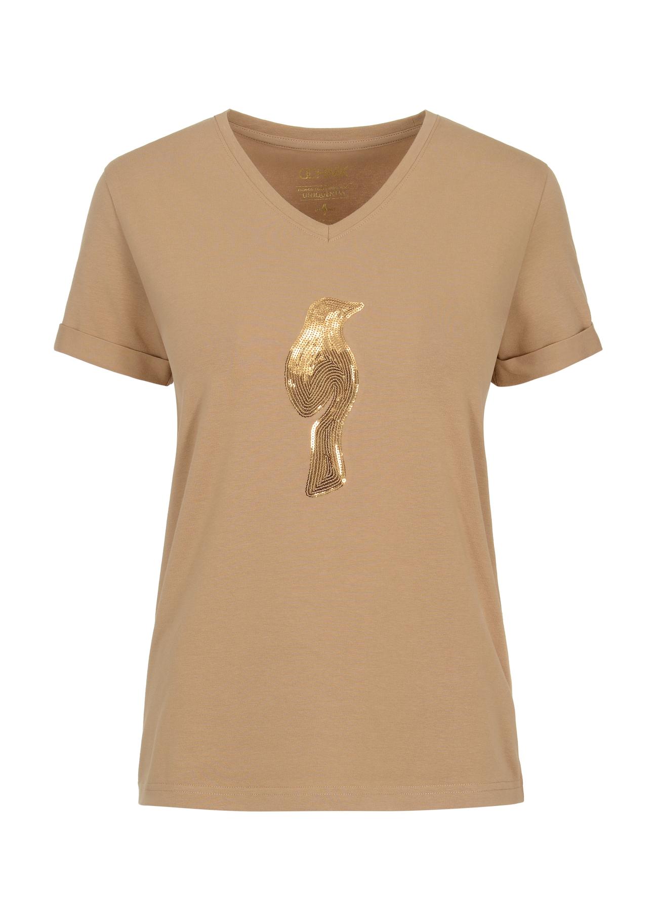 T-shirt damski w kolorze camel z aplikacją wilgi TSHDT-0116-24(Z23)