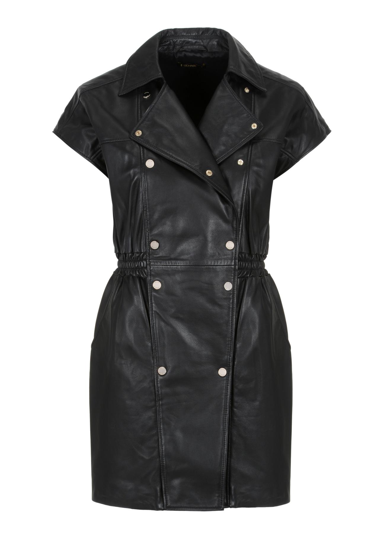 Czarna skórzana taliowana sukienka SUKDS-0049-5506(Z23)