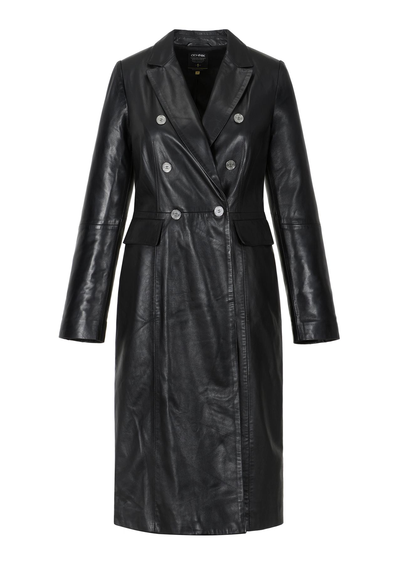 Czarny długi skórzany płaszcz damski KURDS-0440-5554(Z23)